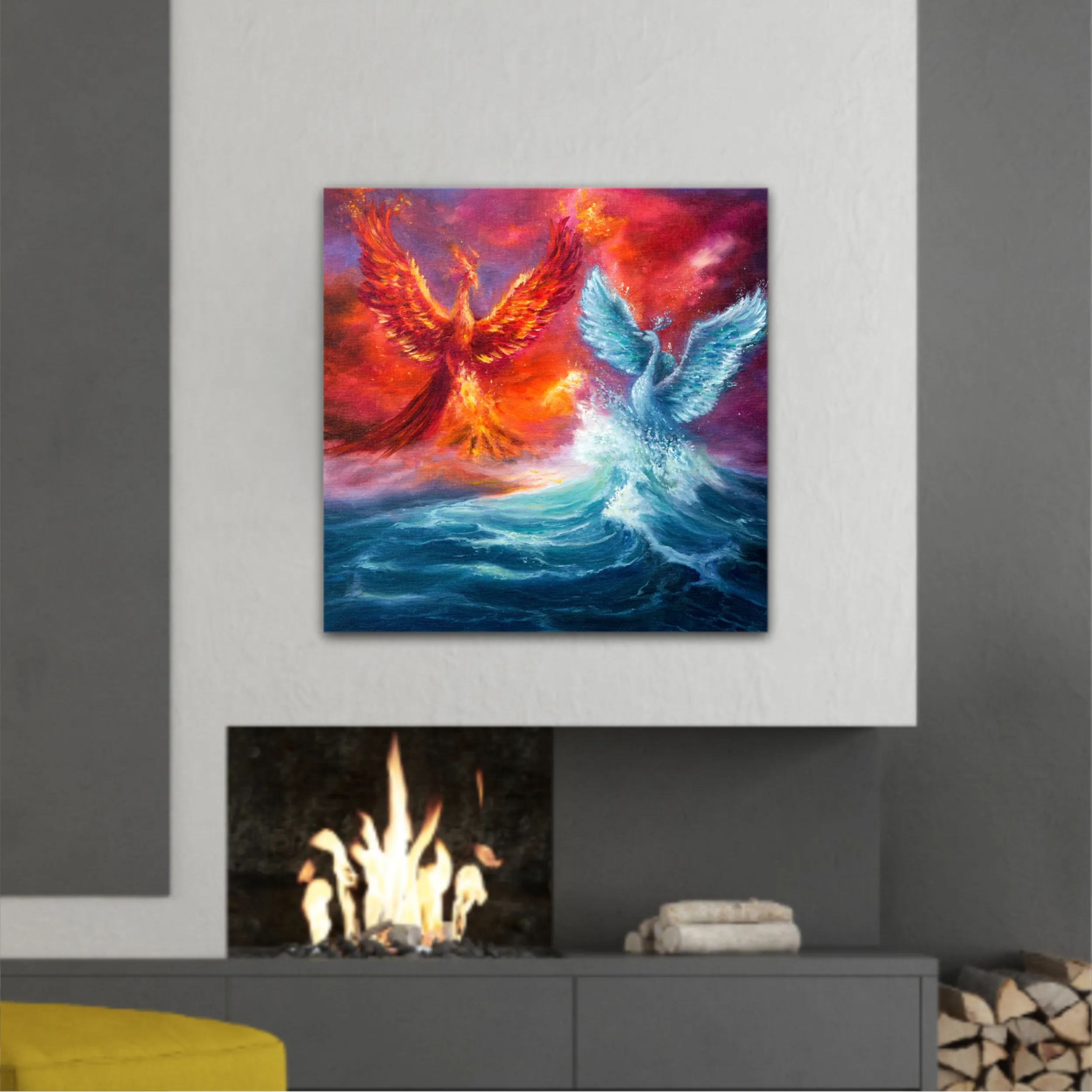  phoenix and spiritual swan from waves in ocean. Golden sunset. Modern Impressionism, modernism, marinism