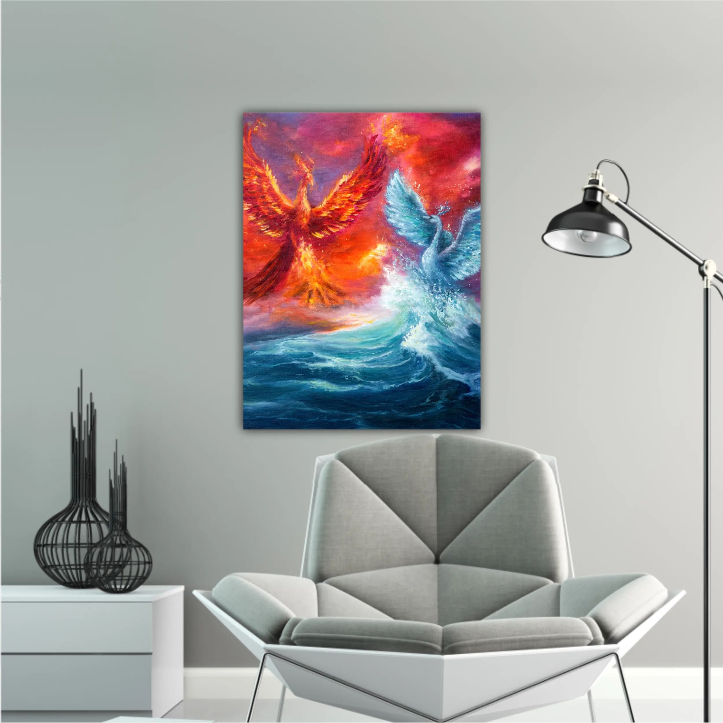  phoenix and spiritual swan from waves in ocean. Golden sunset. Modern Impressionism, modernism, marinism