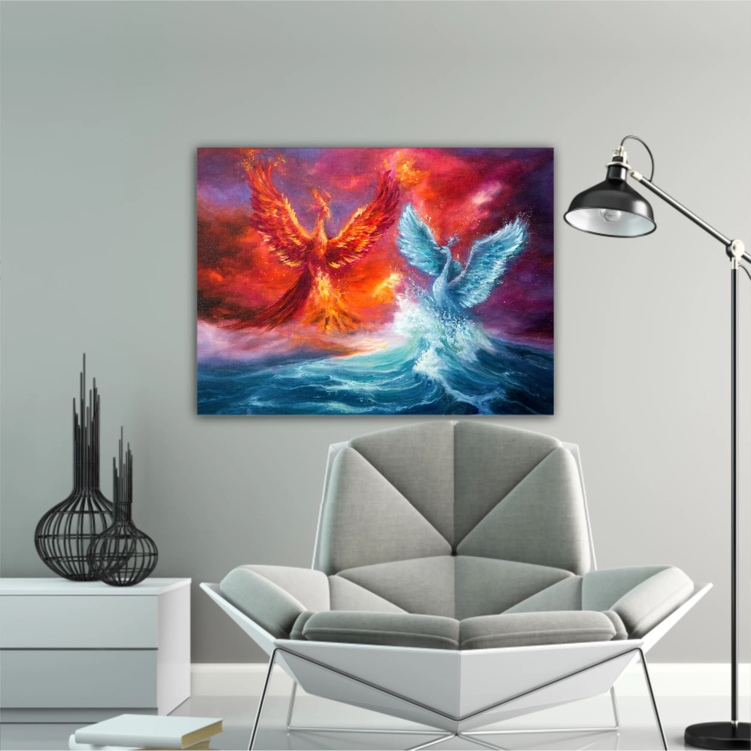  phoenix and spiritual swan from waves in ocean. Golden sunset. Modern Impressionism, modernism, marinism