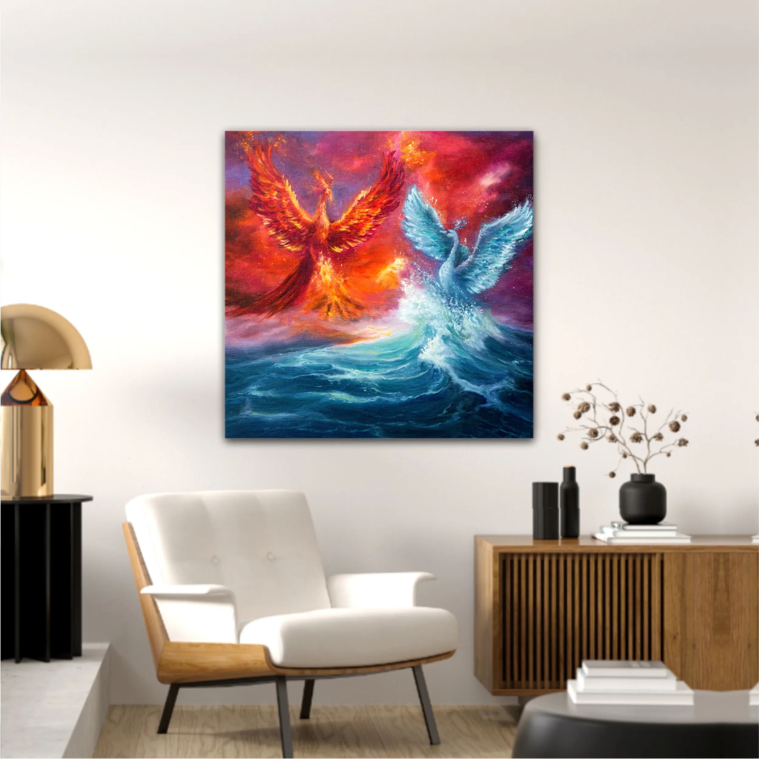  phoenix and spiritual swan from waves in ocean. Golden sunset. Modern Impressionism, modernism, marinism