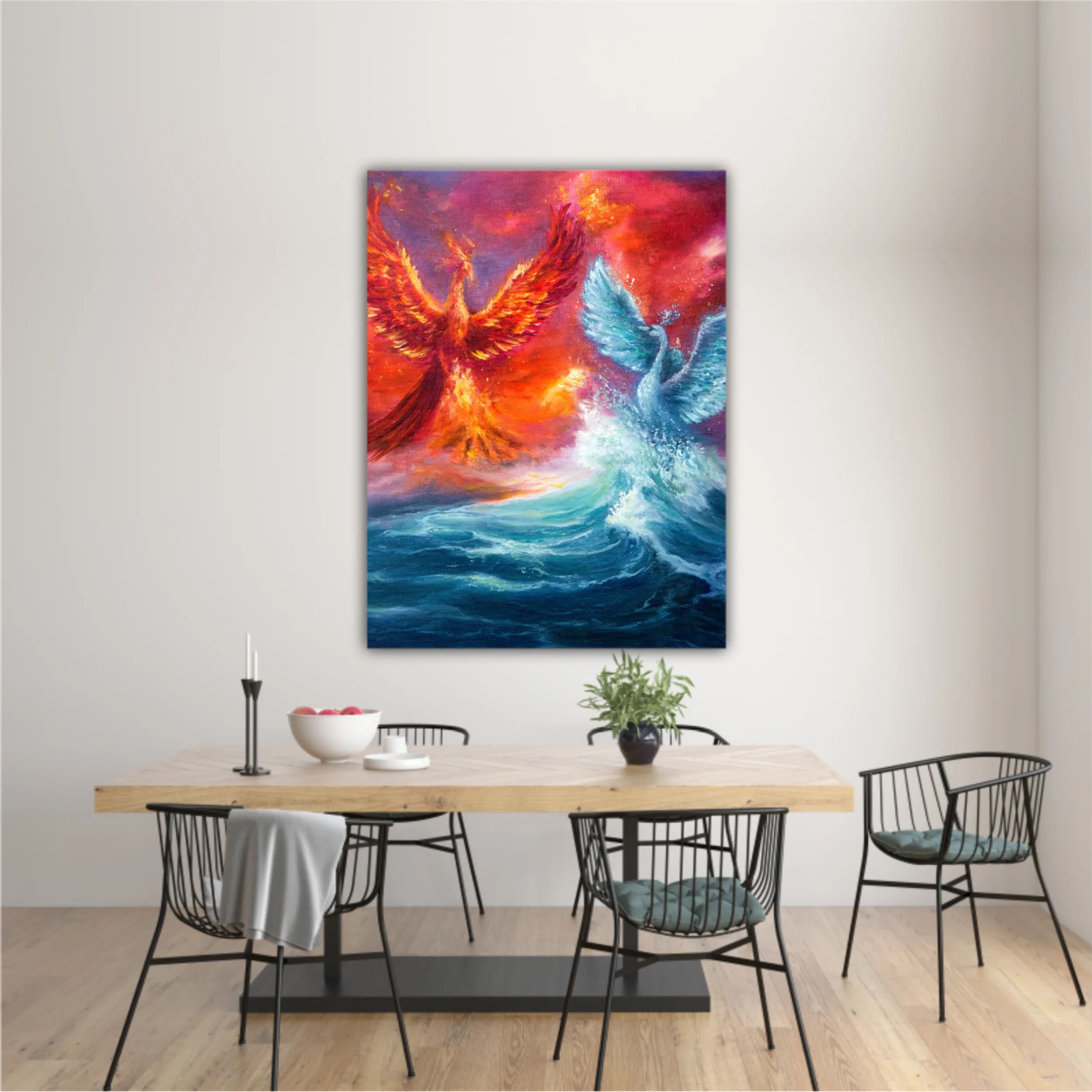  phoenix and spiritual swan from waves in ocean. Golden sunset. Modern Impressionism, modernism, marinism