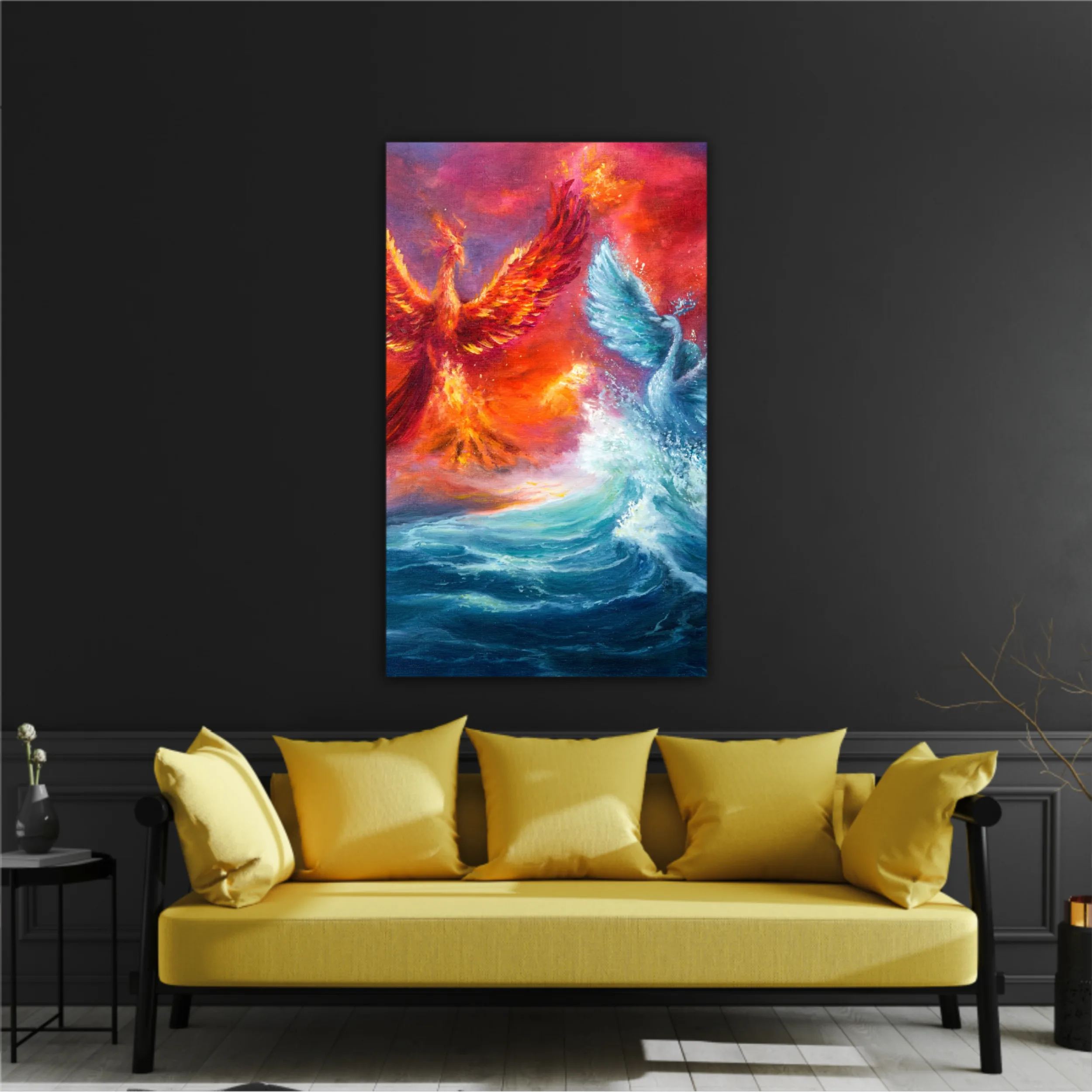  phoenix and spiritual swan from waves in ocean. Golden sunset. Modern Impressionism, modernism, marinism