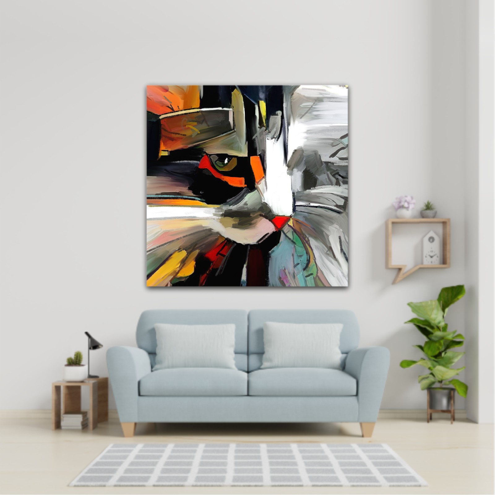 The face of a cat in a contemporary style of abstract art Beautiful colored cat