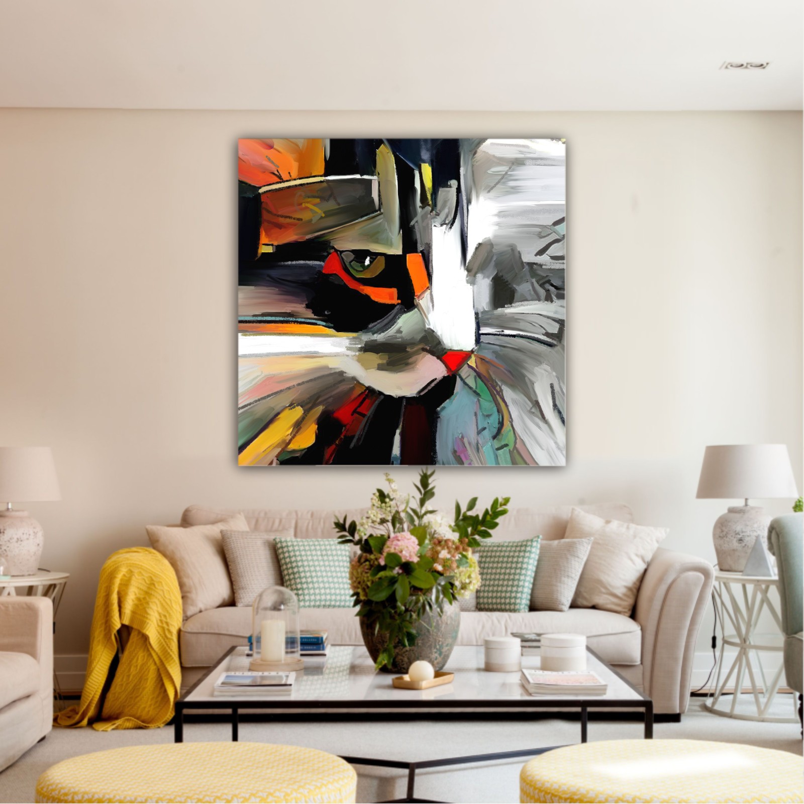 The face of a cat in a contemporary style of abstract art Beautiful colored cat