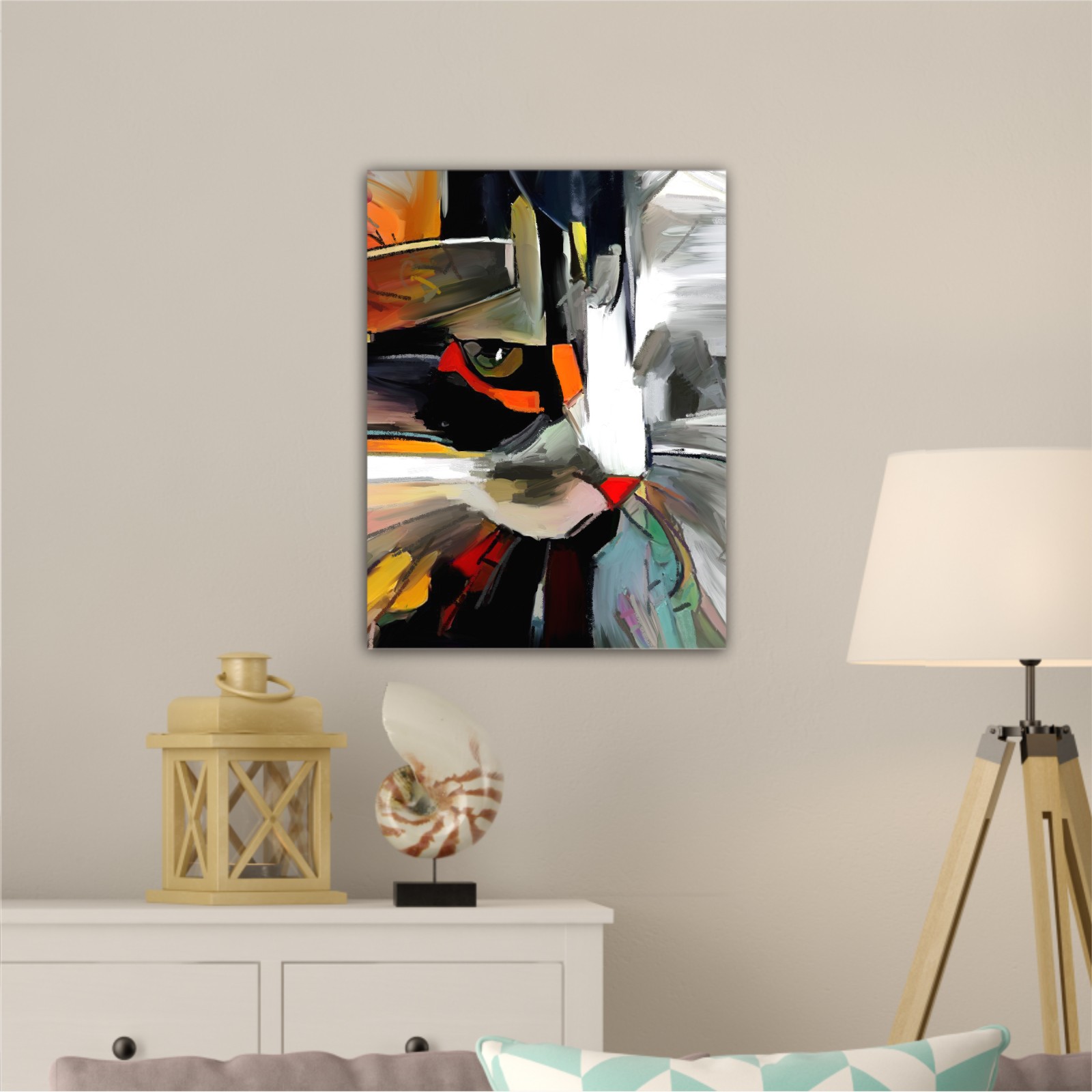 The face of a cat in a contemporary style of abstract art Beautiful colored cat