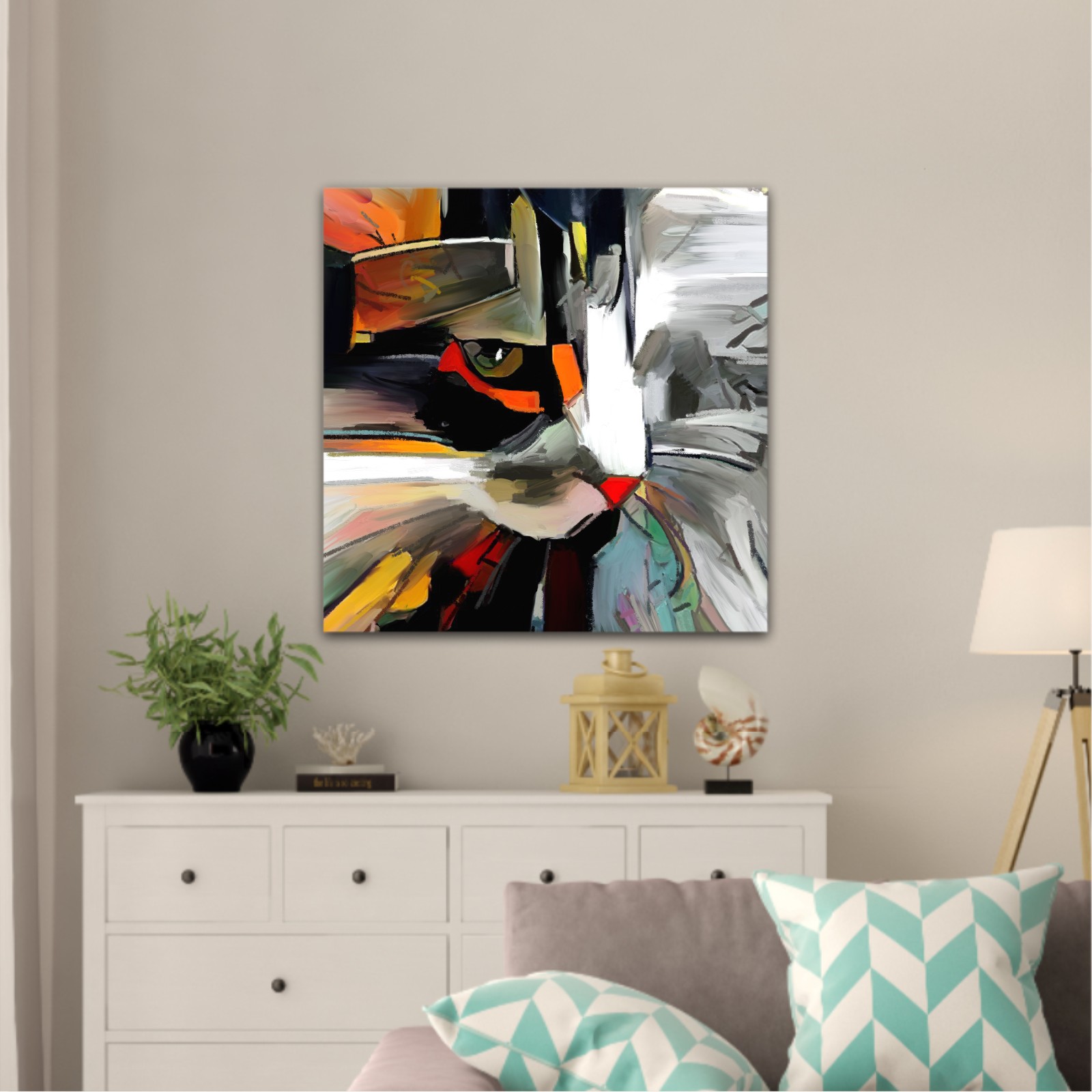 The face of a cat in a contemporary style of abstract art Beautiful colored cat