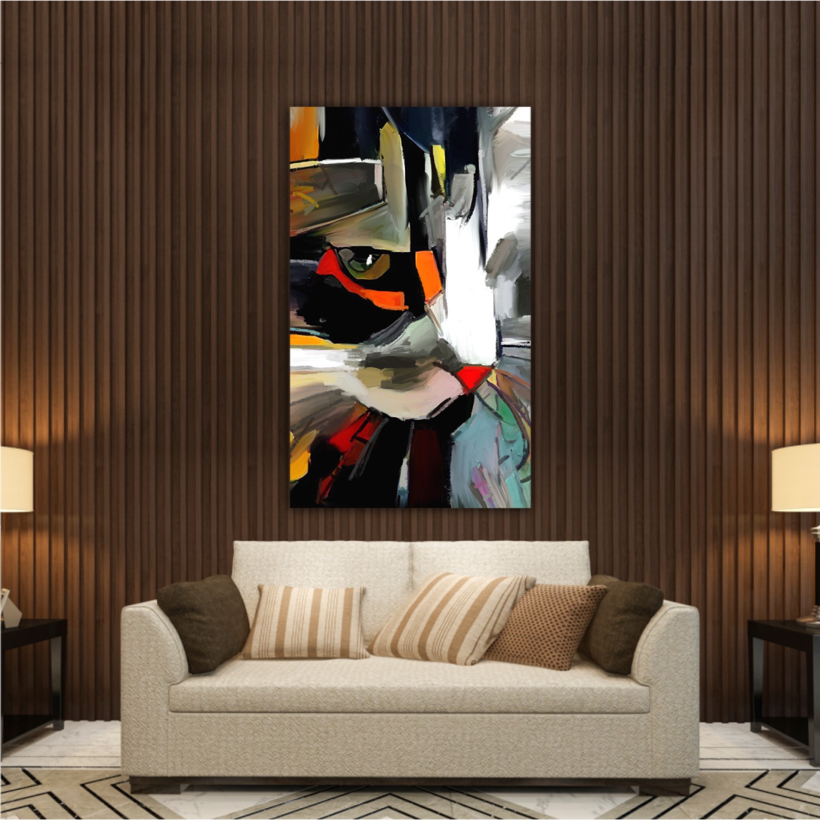 The face of a cat in a contemporary style of abstract art Beautiful colored cat