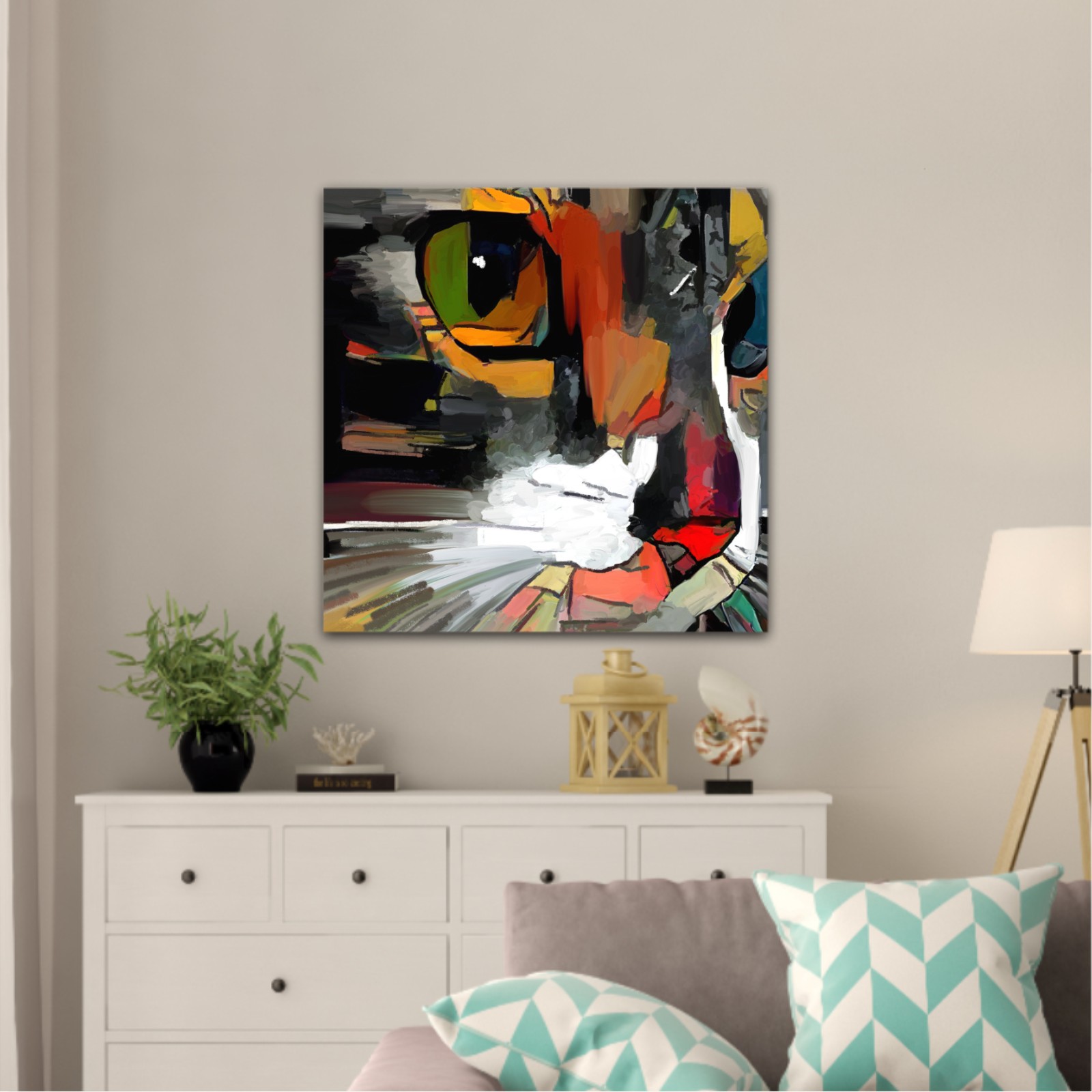 The face of a cat in a contemporary style of abstract art Beautiful colored cat