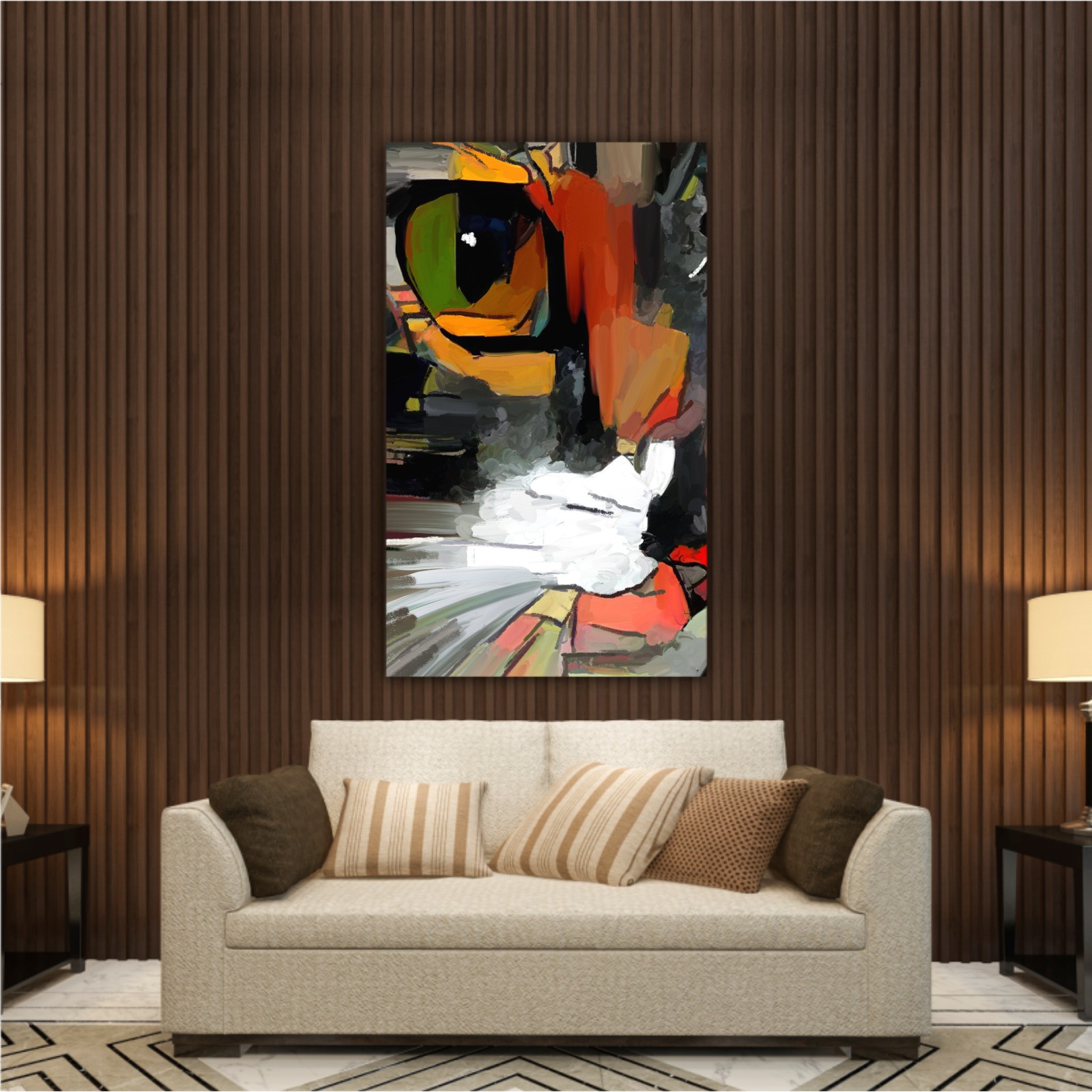 The face of a cat in a contemporary style of abstract art Beautiful colored cat