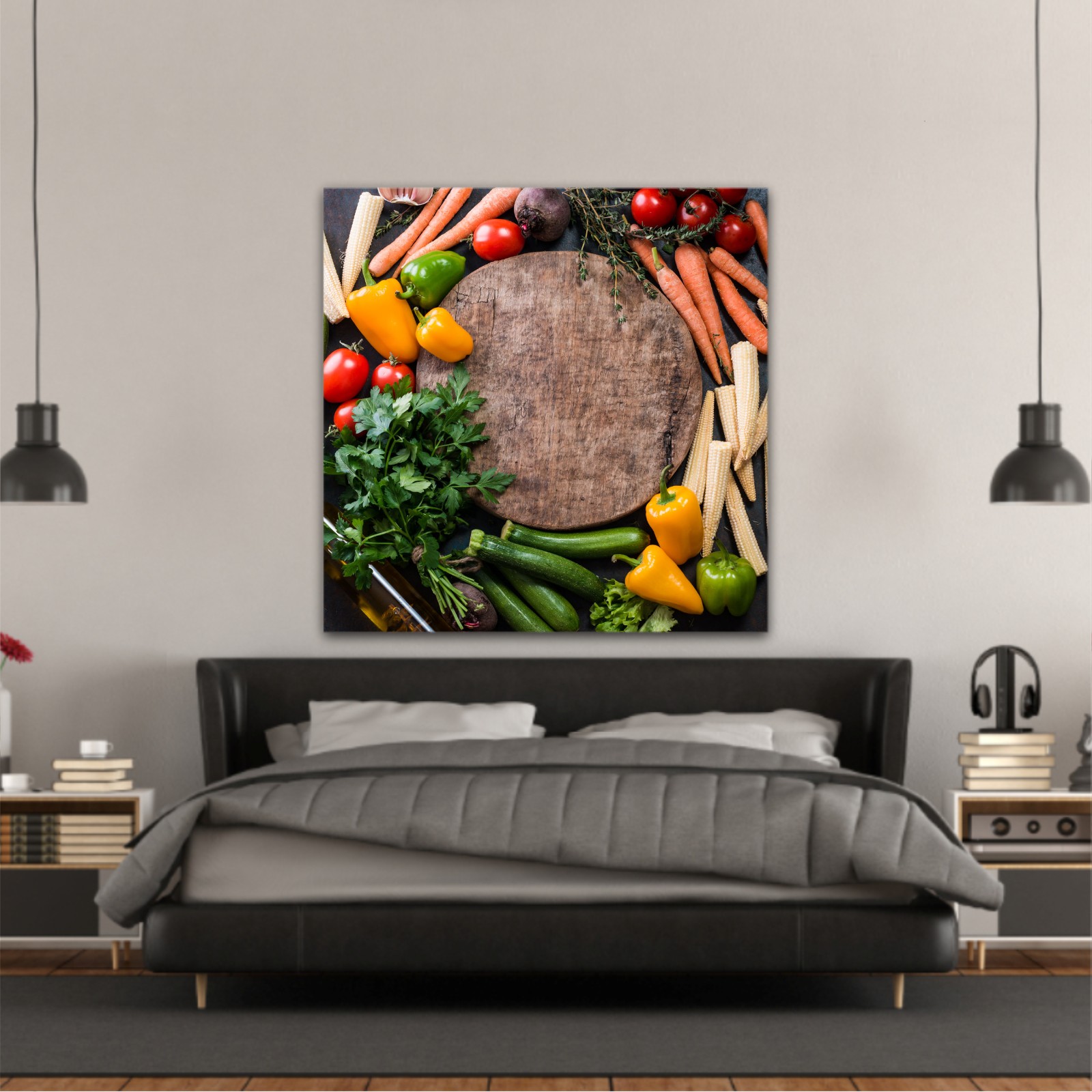 Fresh raw vegetable ingredients for healthy cooking or salad making with rustic wood board in center, top view, copy space. Diet or vegetarian food concept, horizontal composition