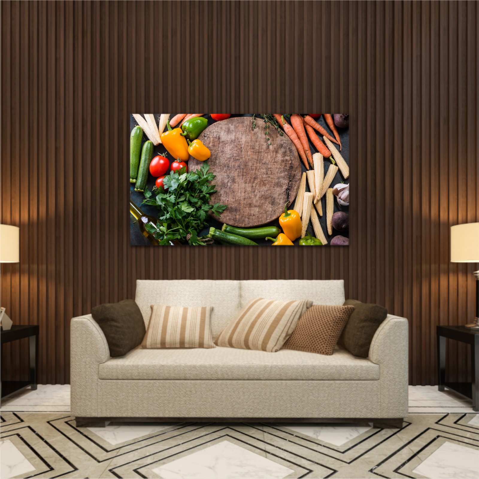 Fresh raw vegetable ingredients for healthy cooking or salad making with rustic wood board in center, top view, copy space. Diet or vegetarian food concept, horizontal composition