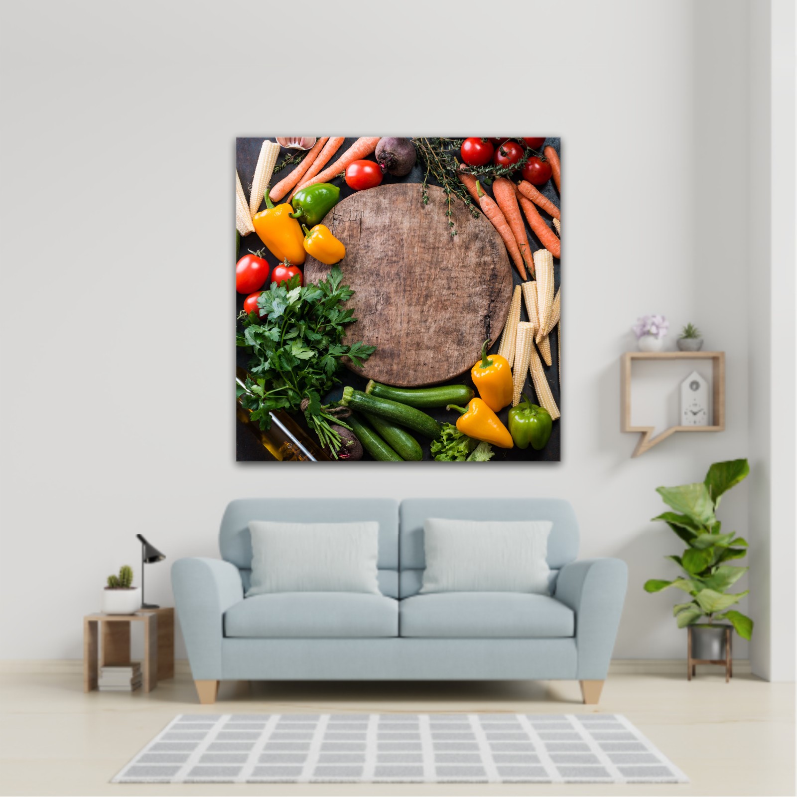 Fresh raw vegetable ingredients for healthy cooking or salad making with rustic wood board in center, top view, copy space. Diet or vegetarian food concept, horizontal composition