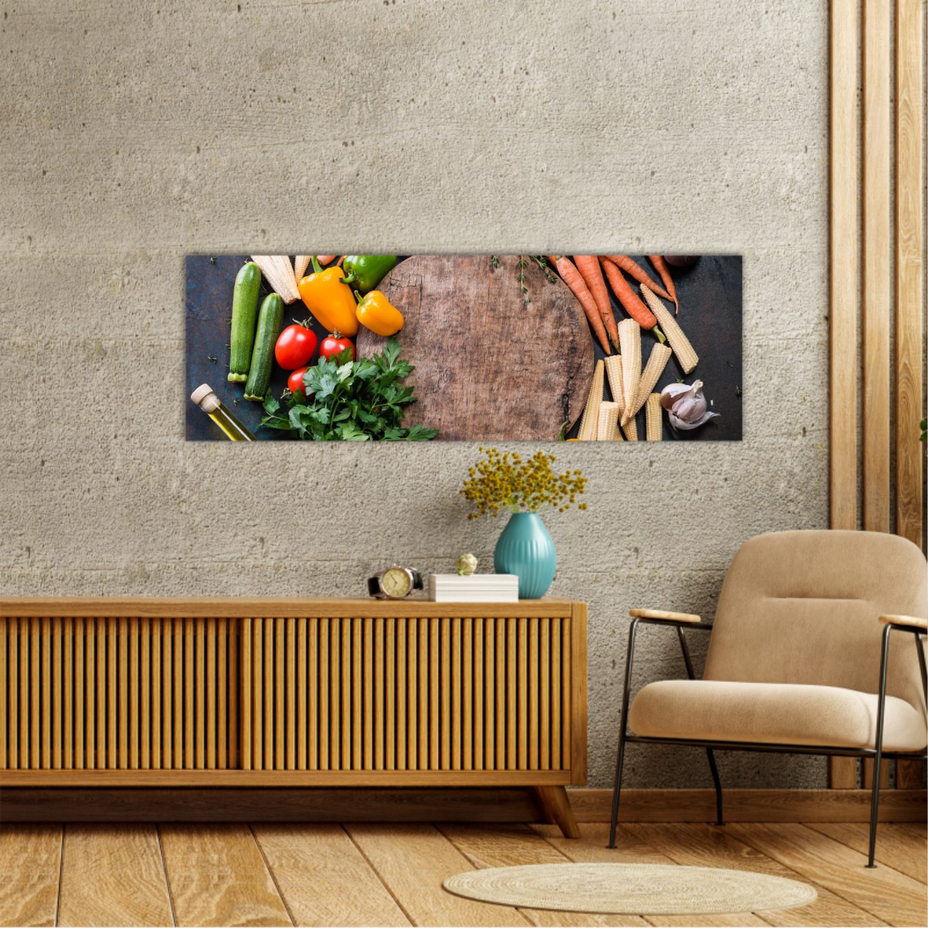 Fresh raw vegetable ingredients for healthy cooking or salad making with rustic wood board in center, top view, copy space. Diet or vegetarian food concept, horizontal composition