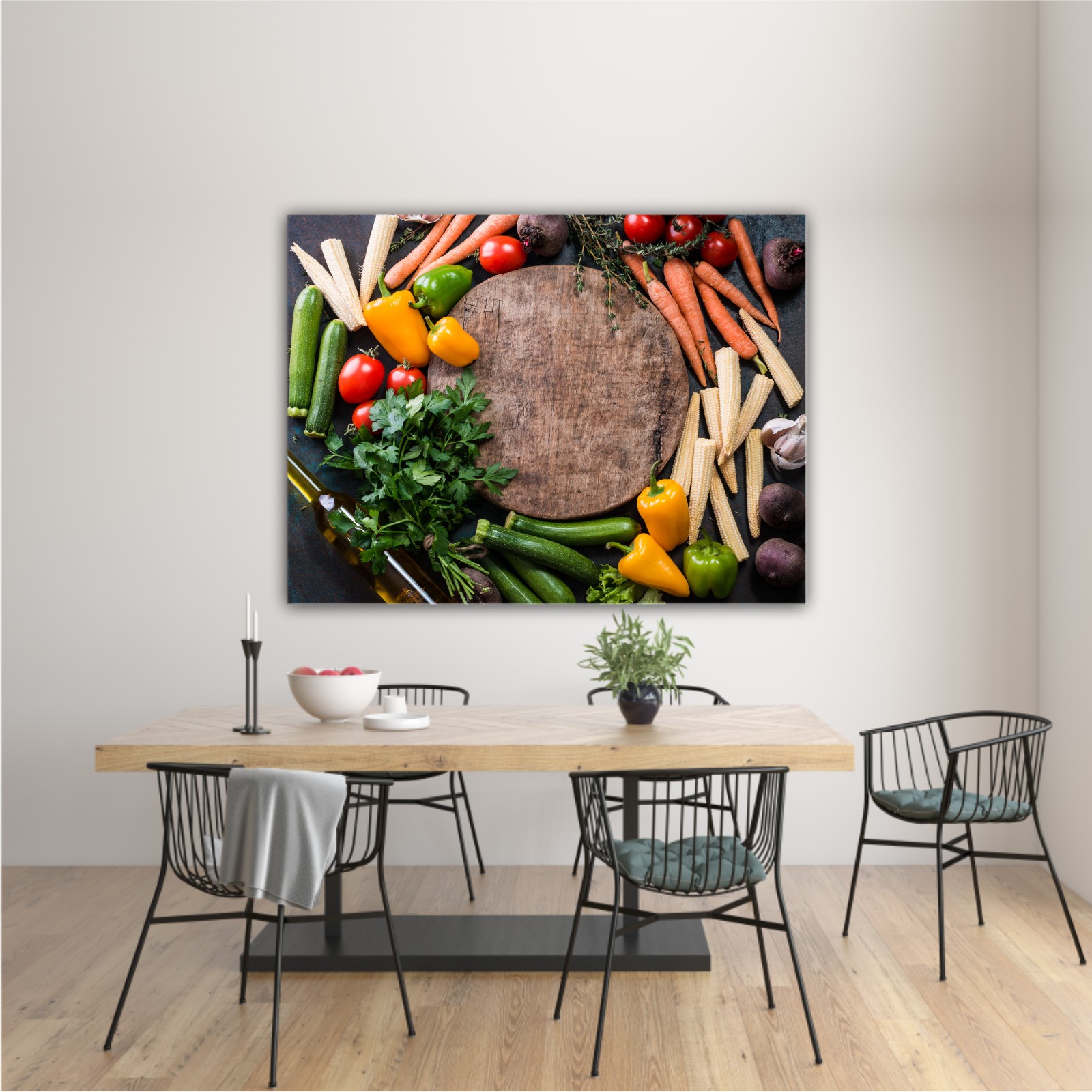 Fresh raw vegetable ingredients for healthy cooking or salad making with rustic wood board in center, top view, copy space. Diet or vegetarian food concept, horizontal composition