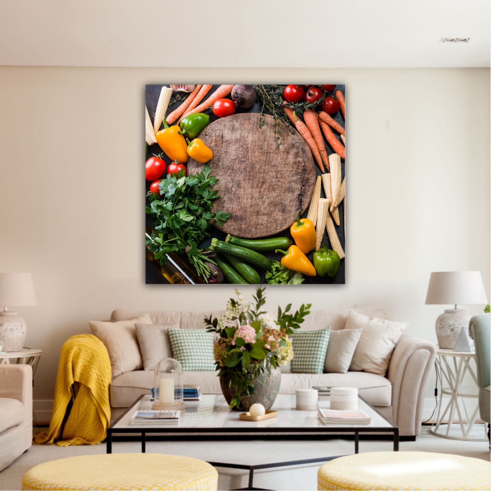 Fresh raw vegetable ingredients for healthy cooking or salad making with rustic wood board in center, top view, copy space. Diet or vegetarian food concept, horizontal composition