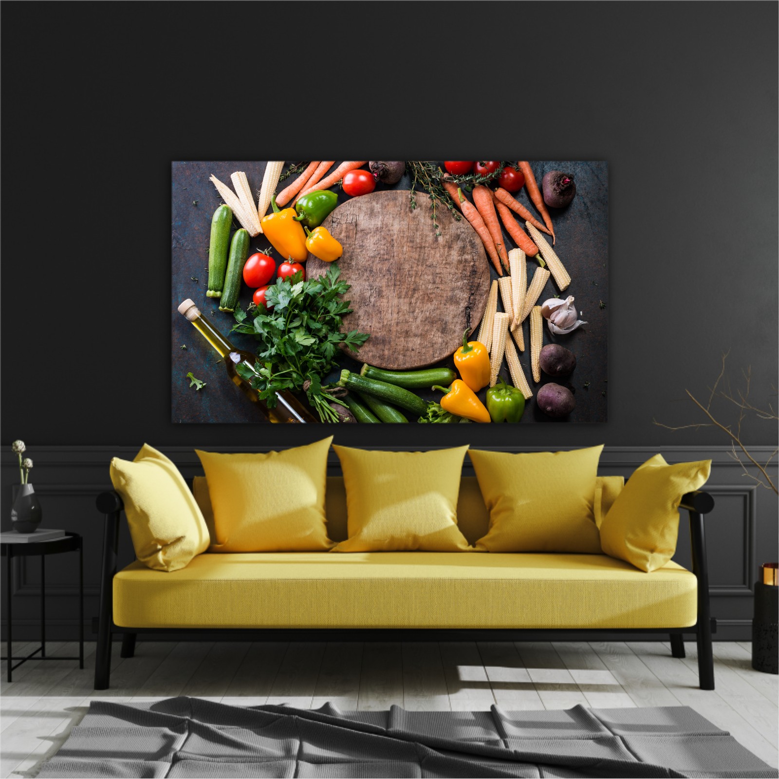 Fresh raw vegetable ingredients for healthy cooking or salad making with rustic wood board in center, top view, copy space. Diet or vegetarian food concept, horizontal composition