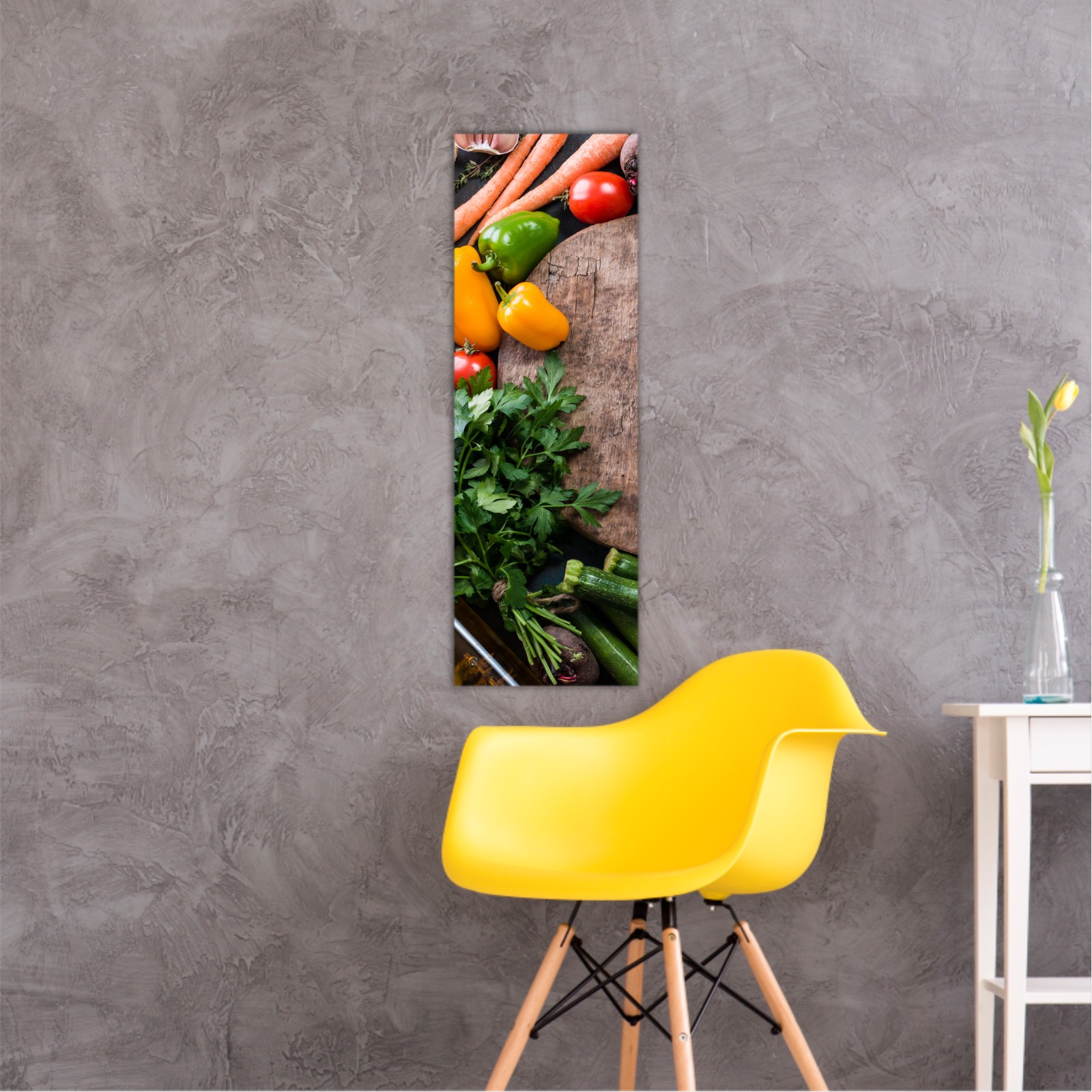 Fresh raw vegetable ingredients for healthy cooking or salad making with rustic wood board in center, top view, copy space. Diet or vegetarian food concept, horizontal composition