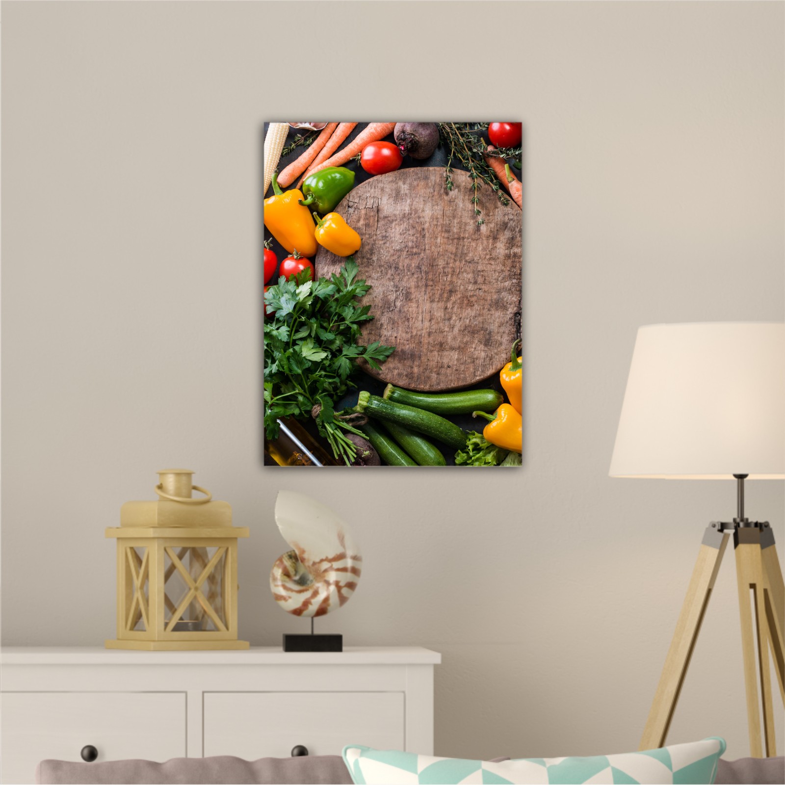 Fresh raw vegetable ingredients for healthy cooking or salad making with rustic wood board in center, top view, copy space. Diet or vegetarian food concept, horizontal composition