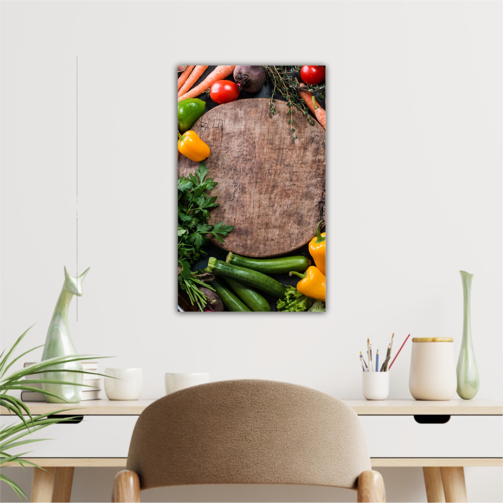 Fresh raw vegetable ingredients for healthy cooking or salad making with rustic wood board in center, top view, copy space. Diet or vegetarian food concept, horizontal composition