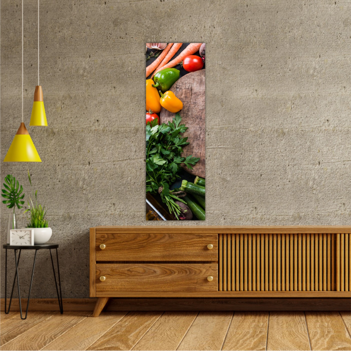 Fresh raw vegetable ingredients for healthy cooking or salad making with rustic wood board in center, top view, copy space. Diet or vegetarian food concept, horizontal composition