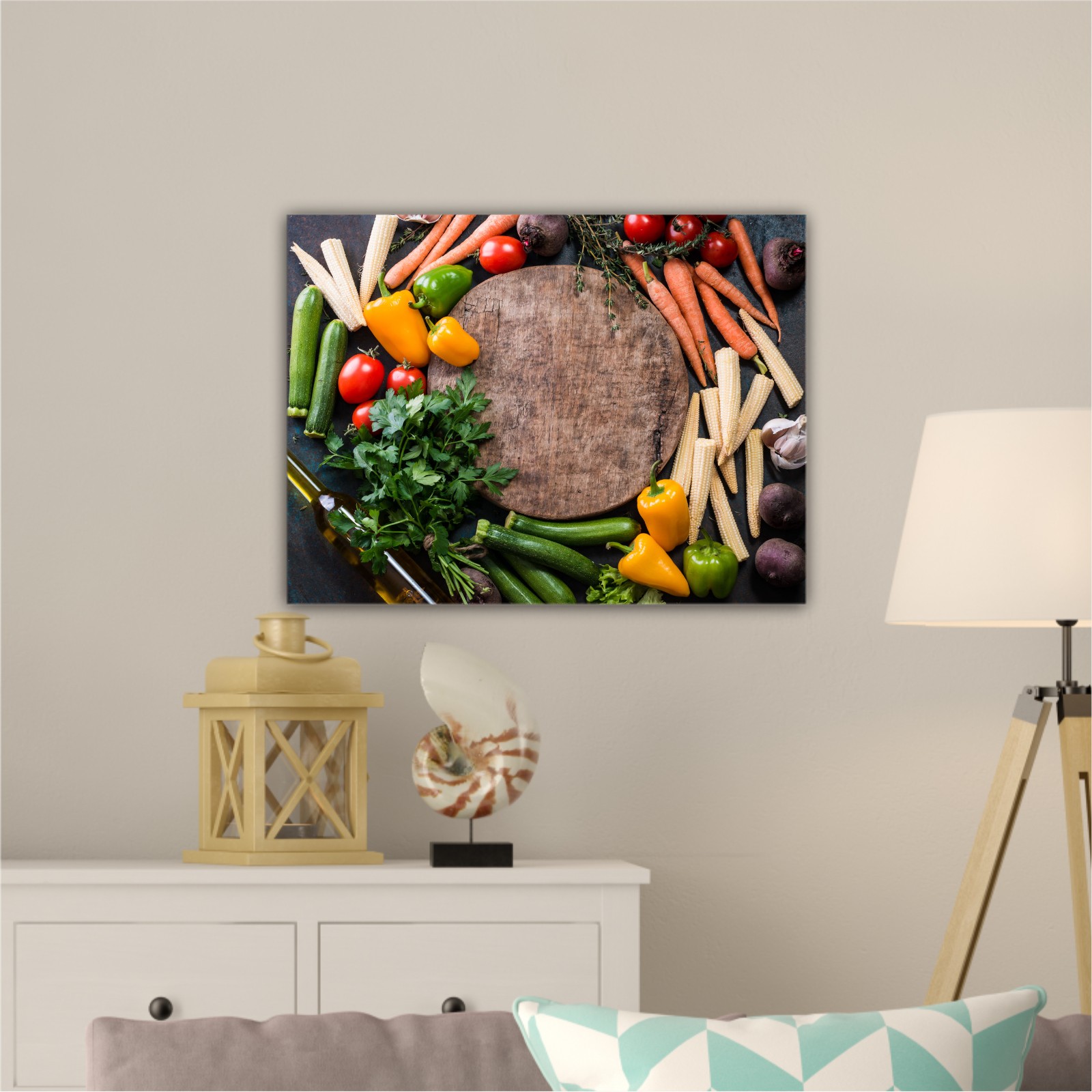 Fresh raw vegetable ingredients for healthy cooking or salad making with rustic wood board in center, top view, copy space. Diet or vegetarian food concept, horizontal composition