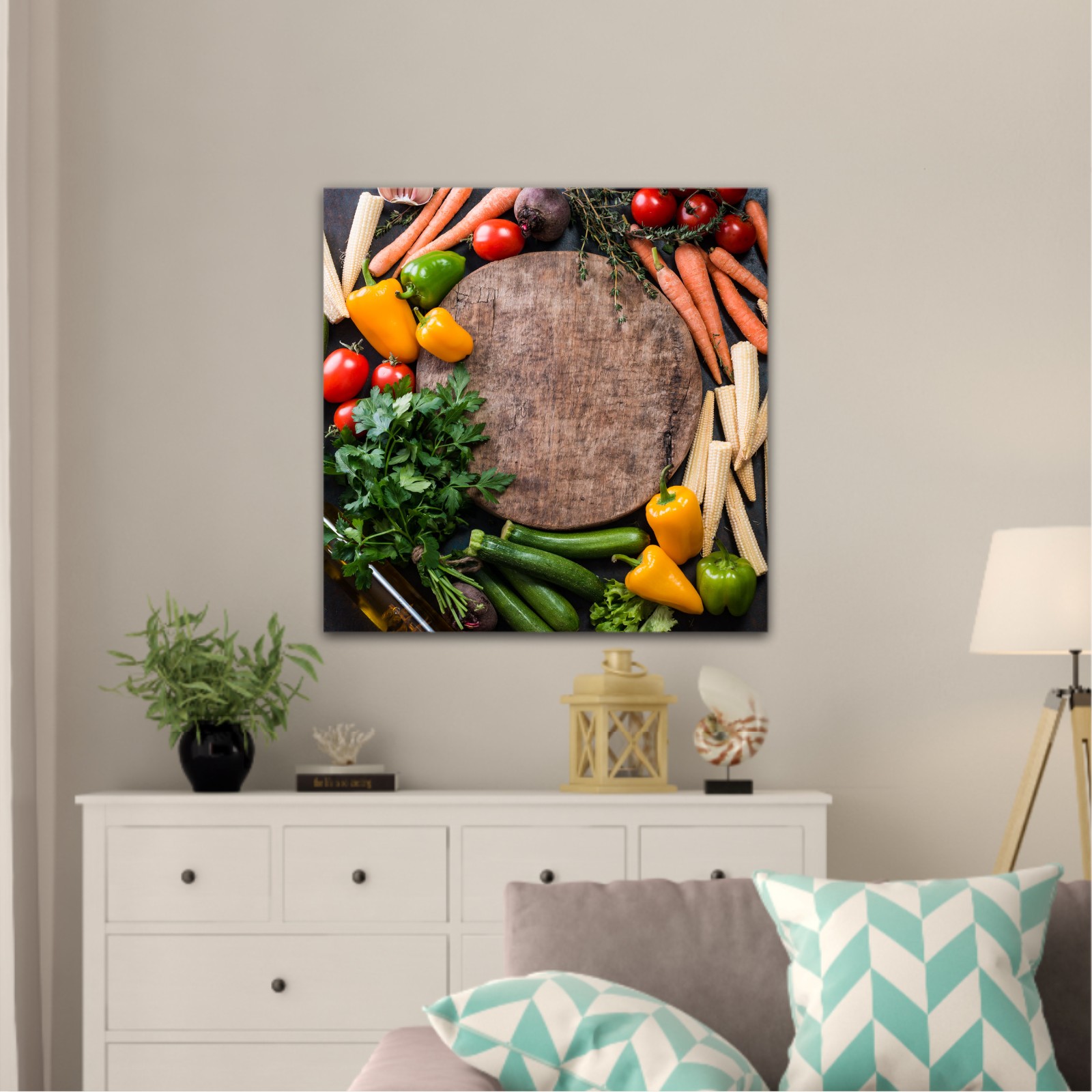 Fresh raw vegetable ingredients for healthy cooking or salad making with rustic wood board in center, top view, copy space. Diet or vegetarian food concept, horizontal composition