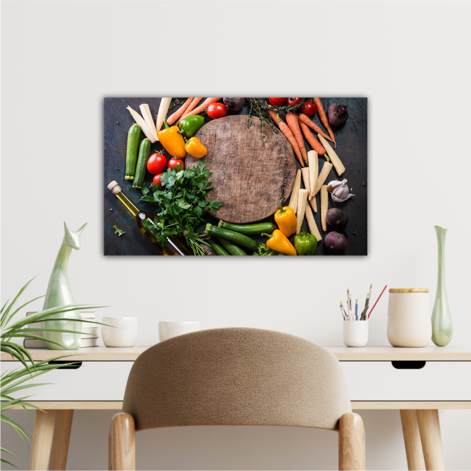 Fresh raw vegetable ingredients for healthy cooking or salad making with rustic wood board in center, top view, copy space. Diet or vegetarian food concept, horizontal composition