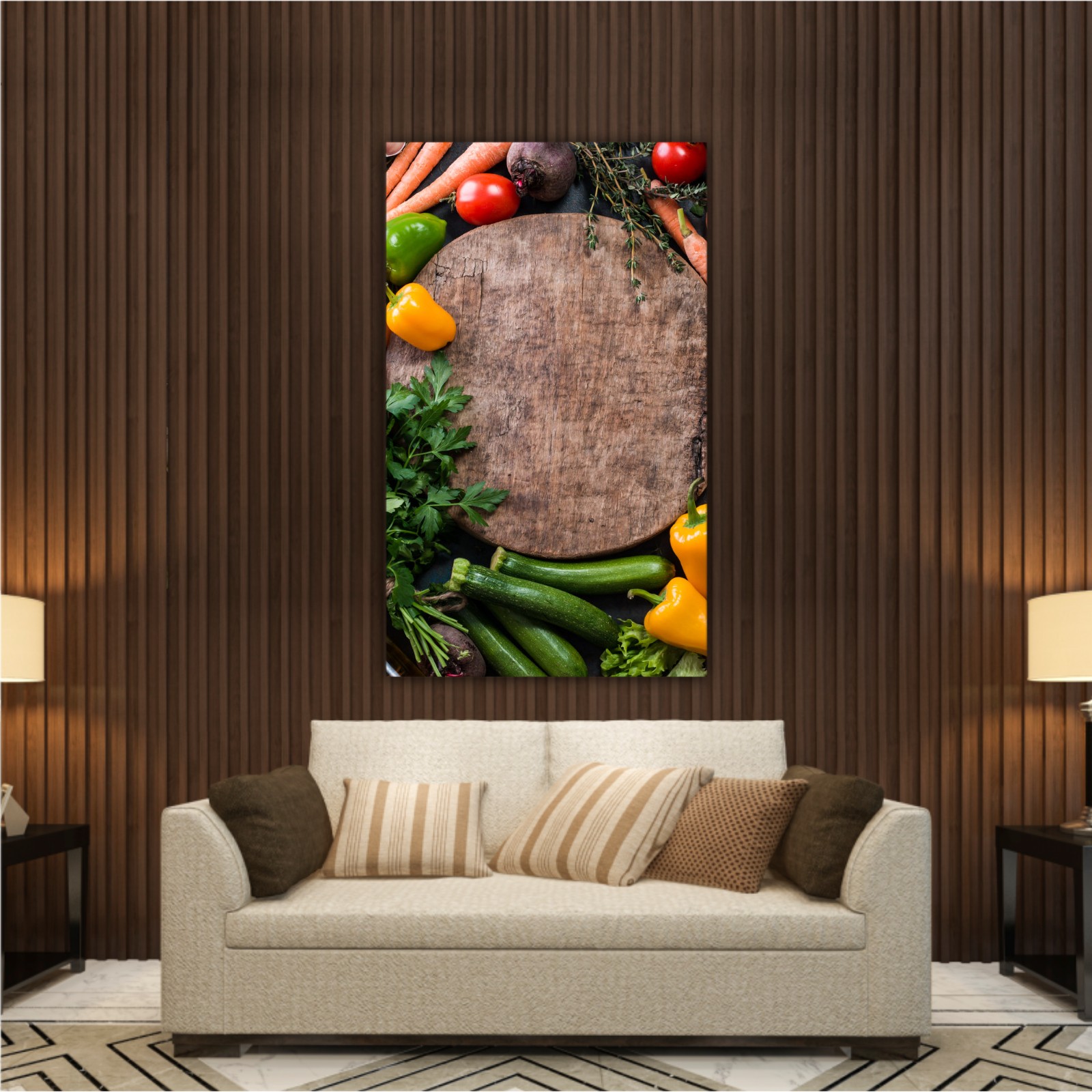 Fresh raw vegetable ingredients for healthy cooking or salad making with rustic wood board in center, top view, copy space. Diet or vegetarian food concept, horizontal composition