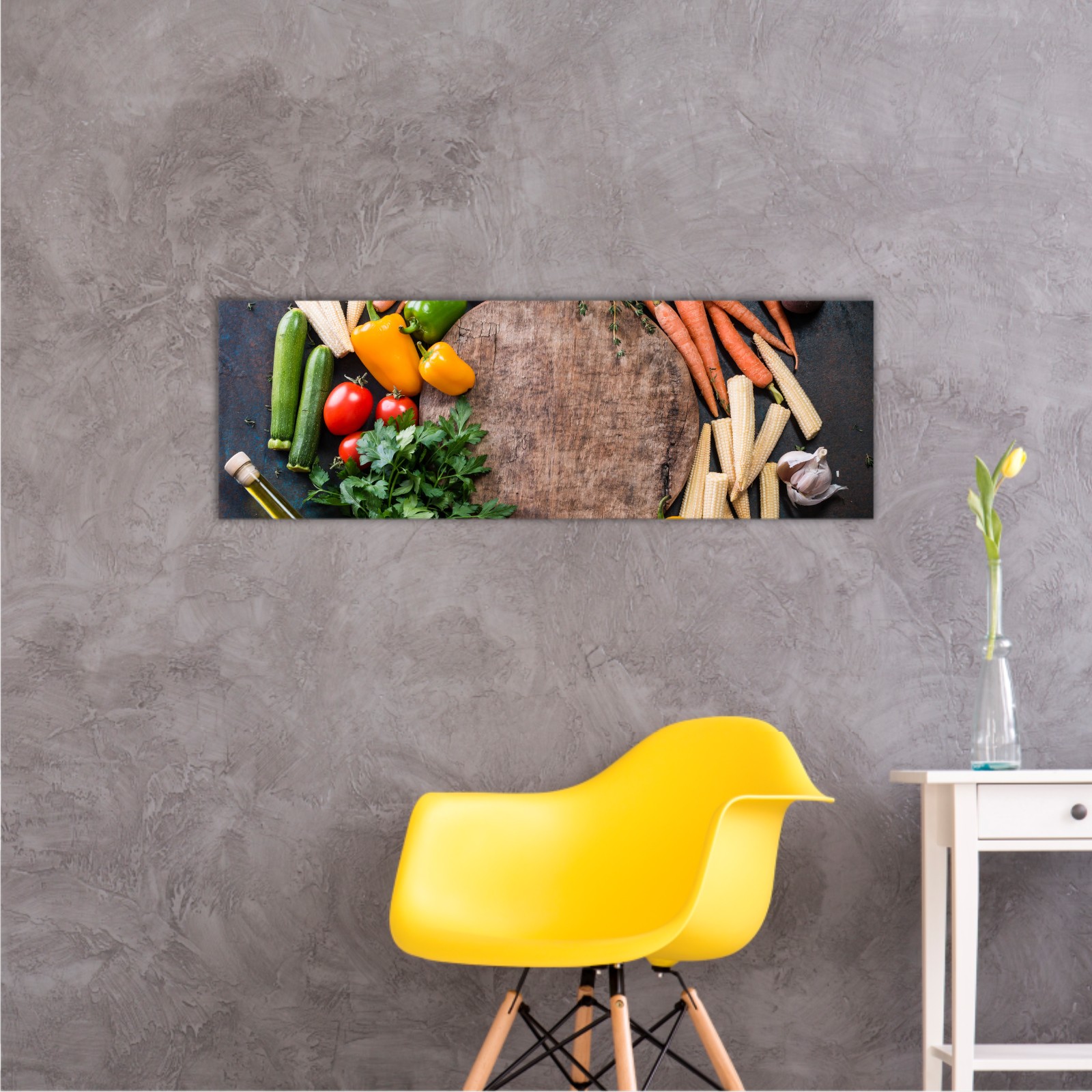 Fresh raw vegetable ingredients for healthy cooking or salad making with rustic wood board in center, top view, copy space. Diet or vegetarian food concept, horizontal composition