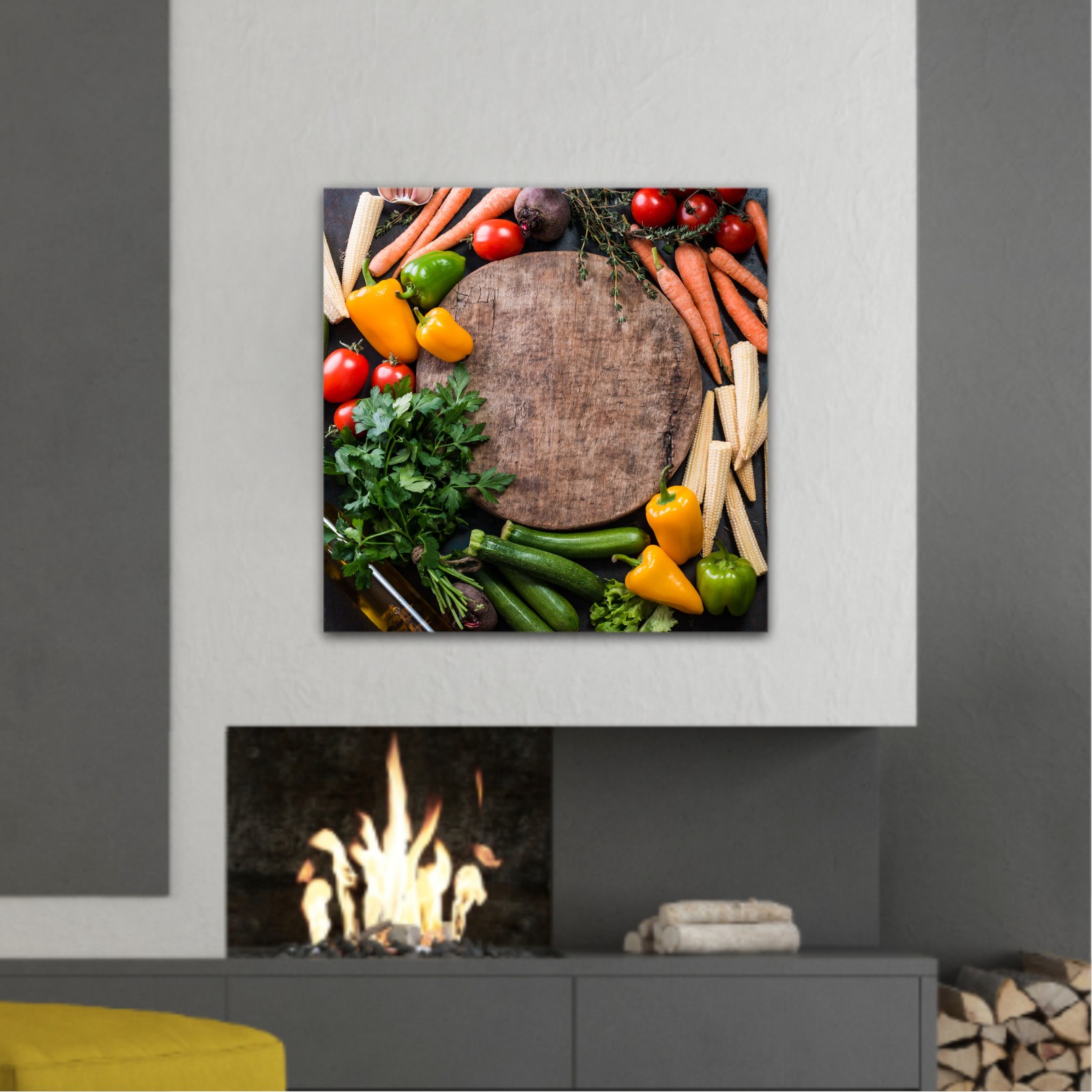 Fresh raw vegetable ingredients for healthy cooking or salad making with rustic wood board in center, top view, copy space. Diet or vegetarian food concept, horizontal composition