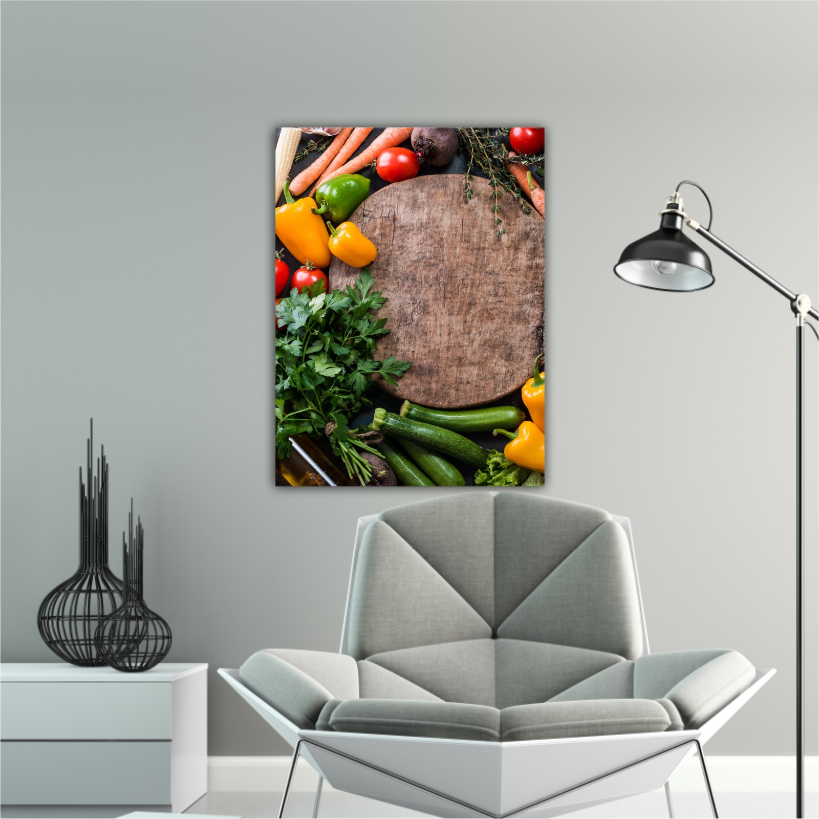 Fresh raw vegetable ingredients for healthy cooking or salad making with rustic wood board in center, top view, copy space. Diet or vegetarian food concept, horizontal composition