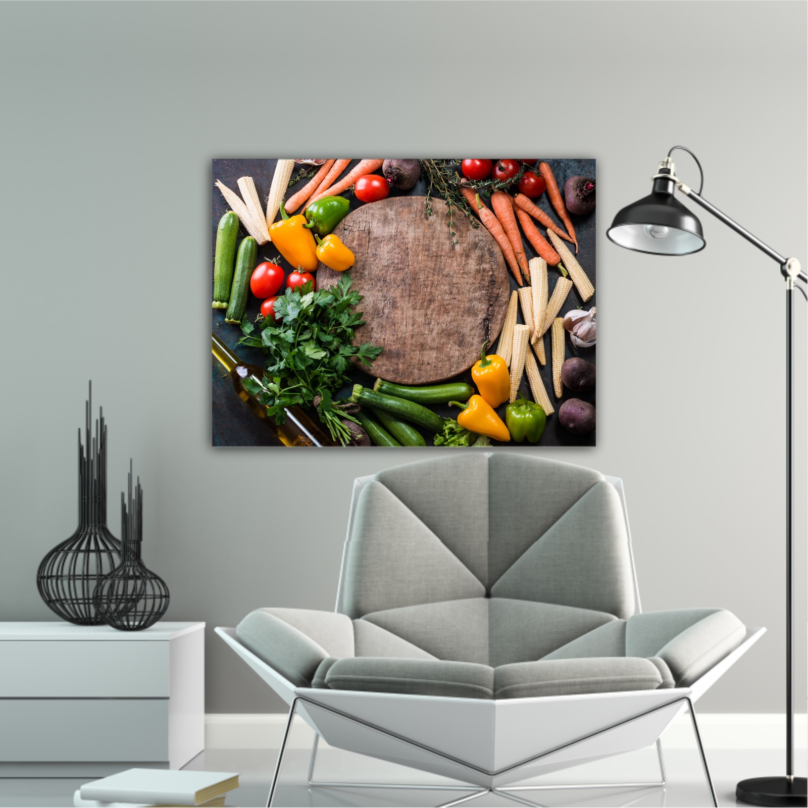 Fresh raw vegetable ingredients for healthy cooking or salad making with rustic wood board in center, top view, copy space. Diet or vegetarian food concept, horizontal composition