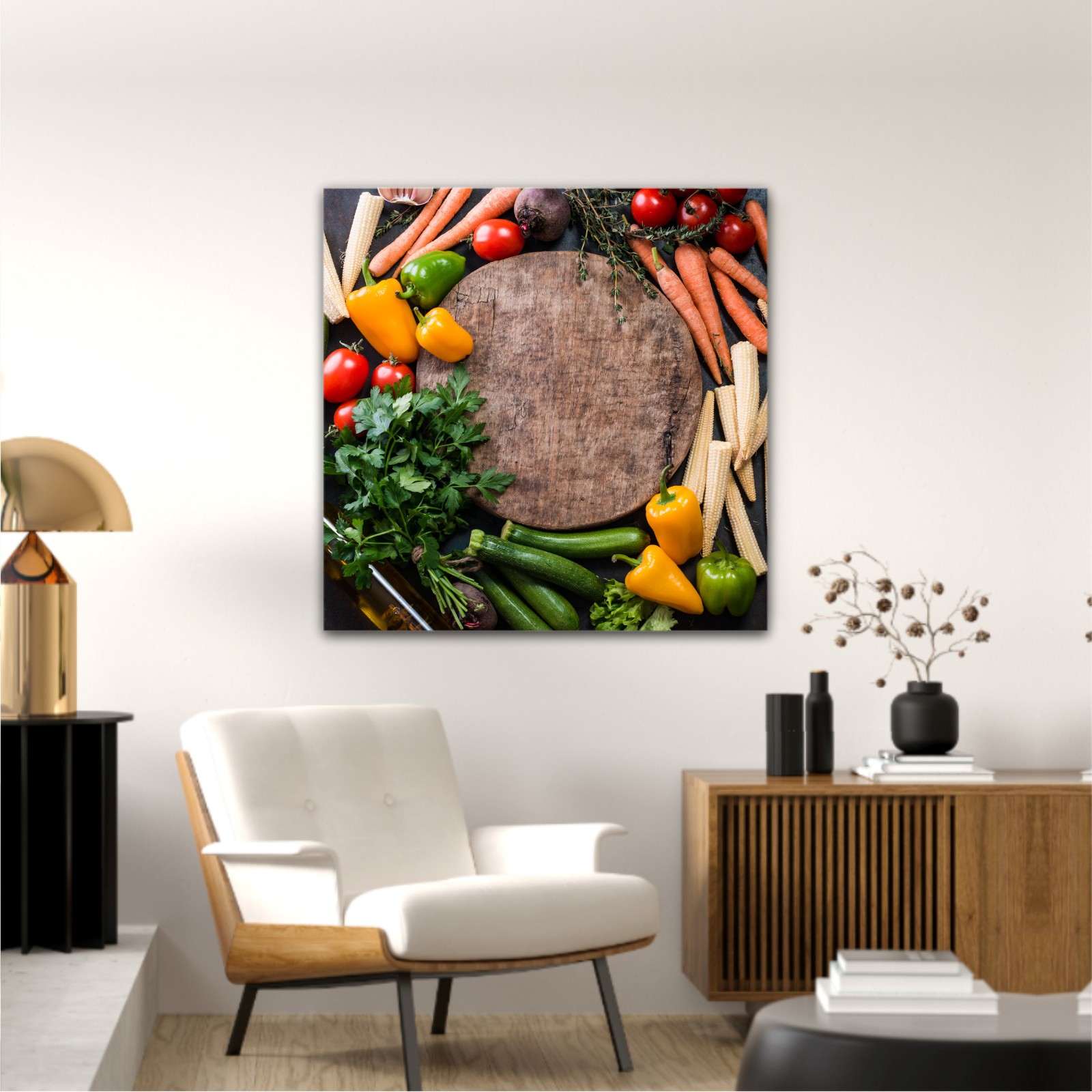 Fresh raw vegetable ingredients for healthy cooking or salad making with rustic wood board in center, top view, copy space. Diet or vegetarian food concept, horizontal composition