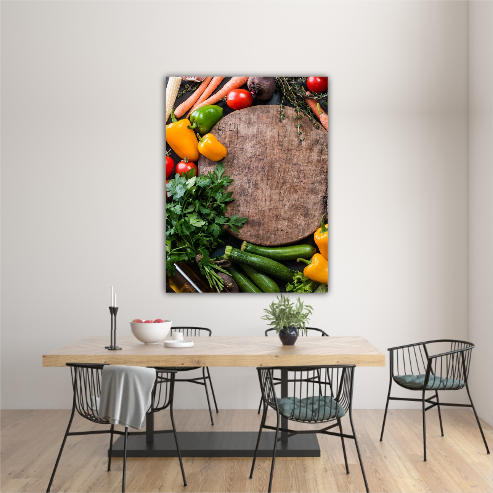 Fresh raw vegetable ingredients for healthy cooking or salad making with rustic wood board in center, top view, copy space. Diet or vegetarian food concept, horizontal composition