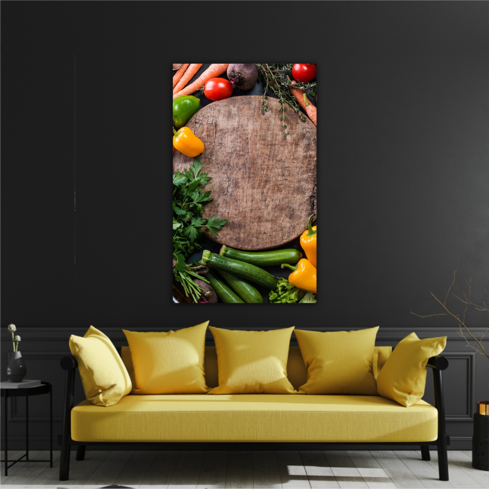 Fresh raw vegetable ingredients for healthy cooking or salad making with rustic wood board in center, top view, copy space. Diet or vegetarian food concept, horizontal composition