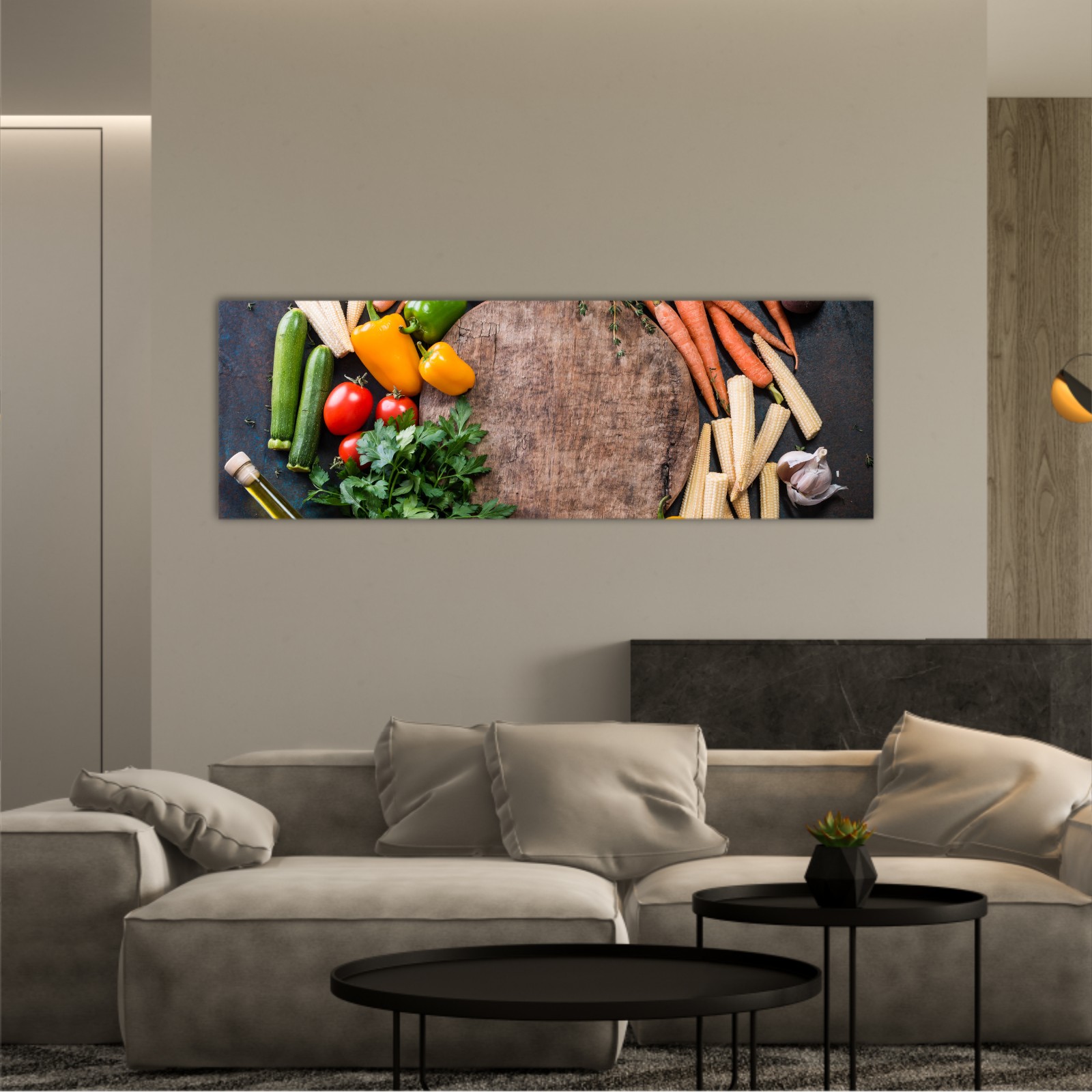 Fresh raw vegetable ingredients for healthy cooking or salad making with rustic wood board in center, top view, copy space. Diet or vegetarian food concept, horizontal composition