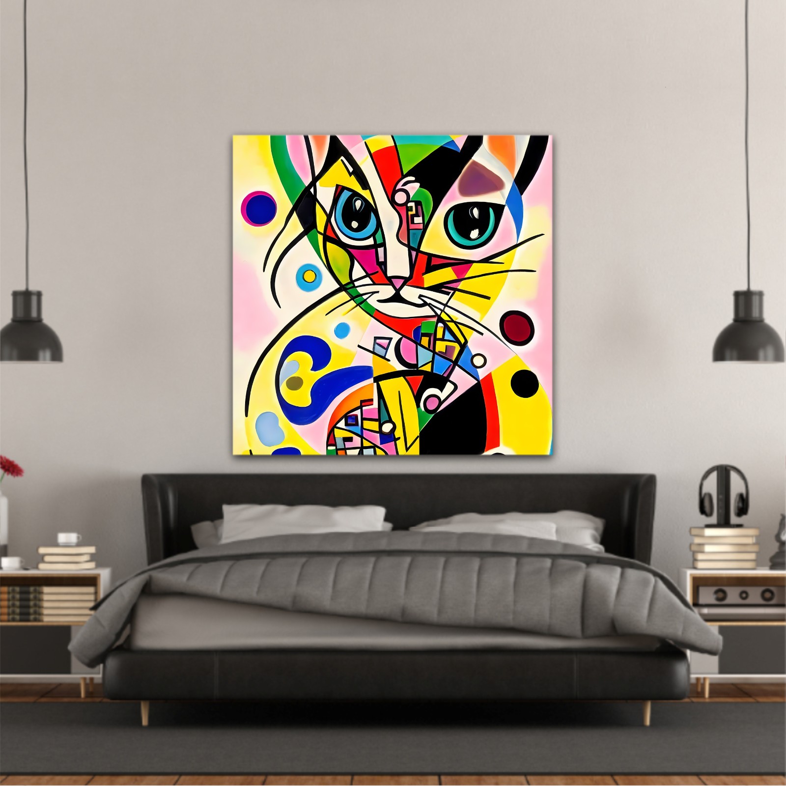 A bright and colorful abstract portrait composition of a cat designed in the style of Kandinsky and the Bauhaus art movement.