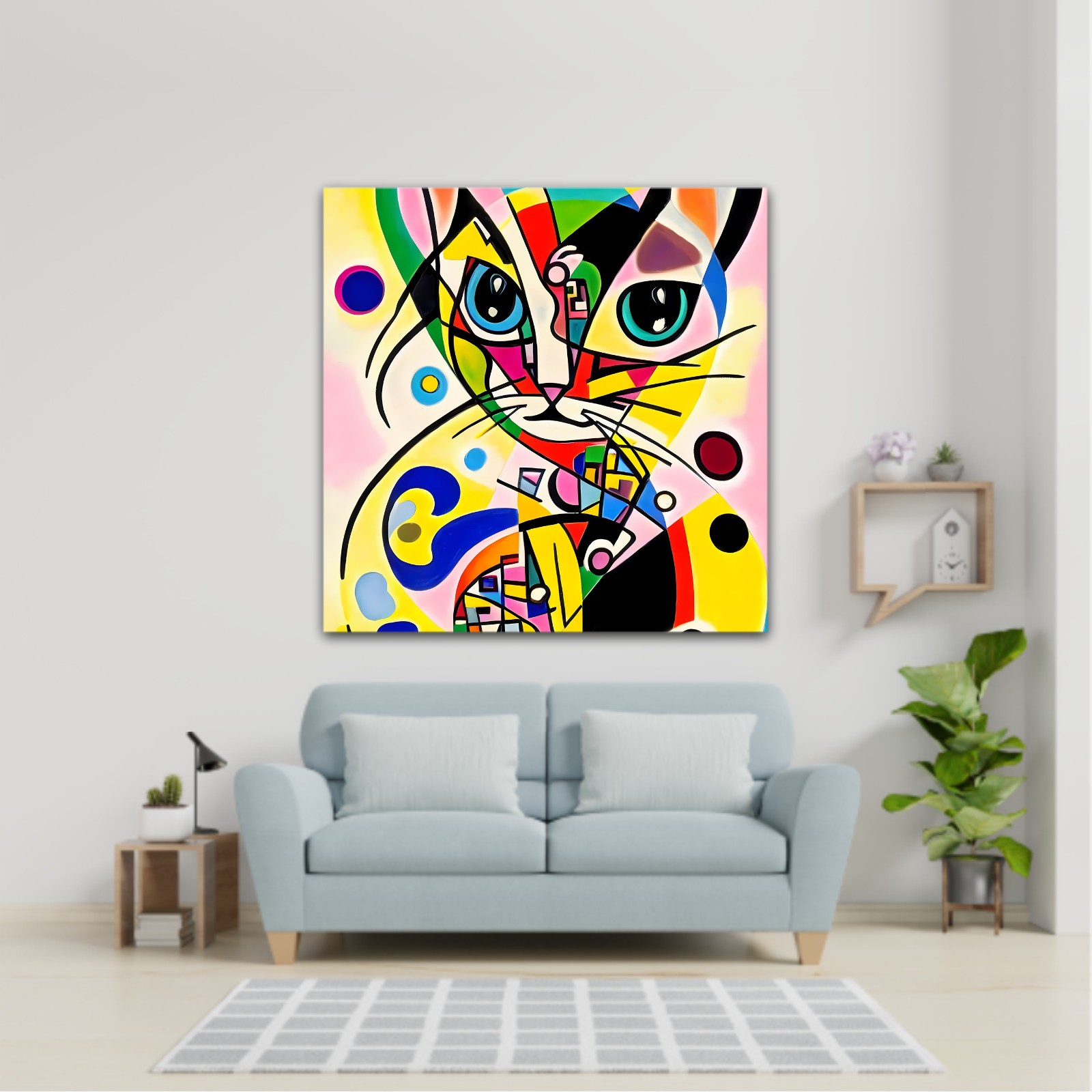 A bright and colorful abstract portrait composition of a cat designed in the style of Kandinsky and the Bauhaus art movement.