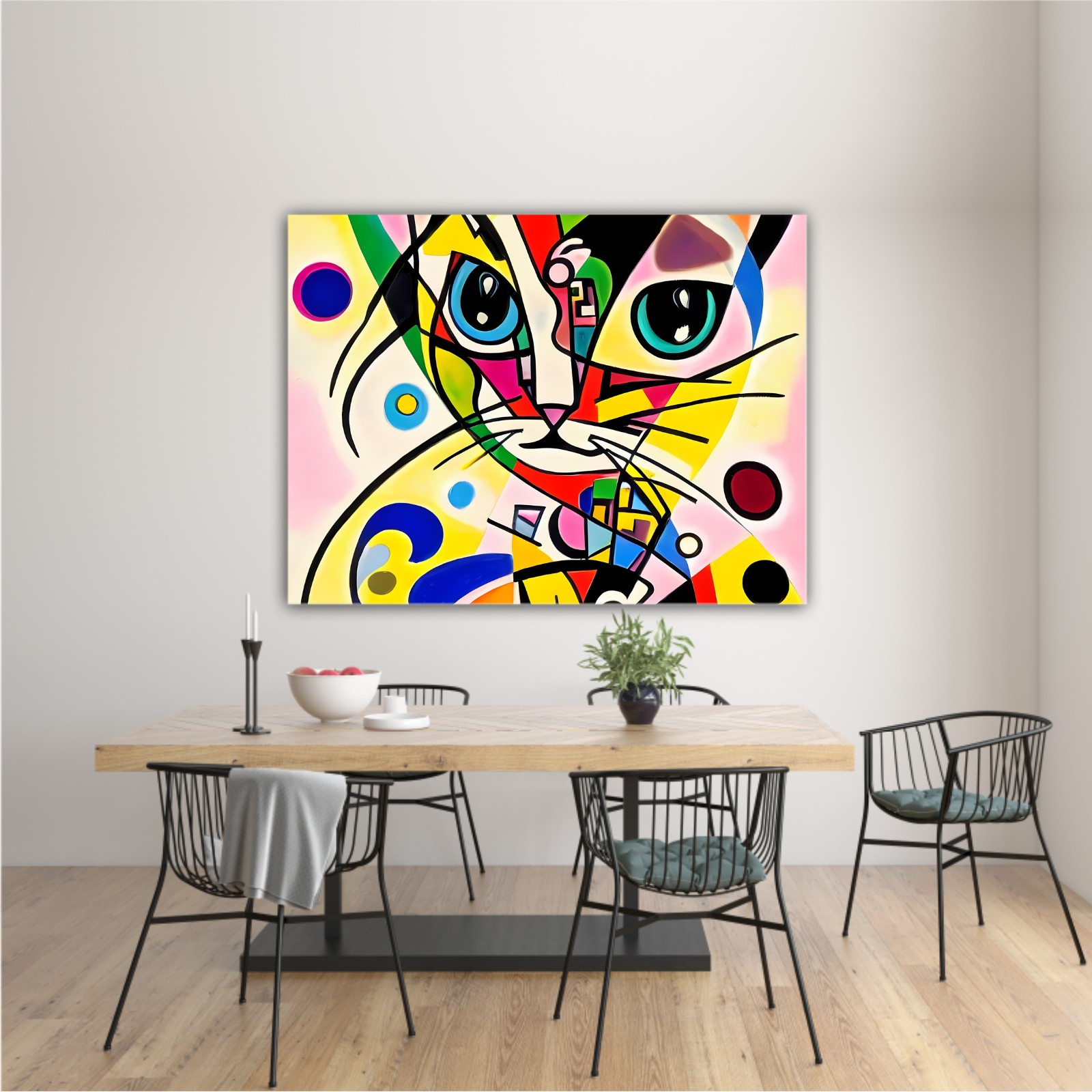 A bright and colorful abstract portrait composition of a cat designed in the style of Kandinsky and the Bauhaus art movement.