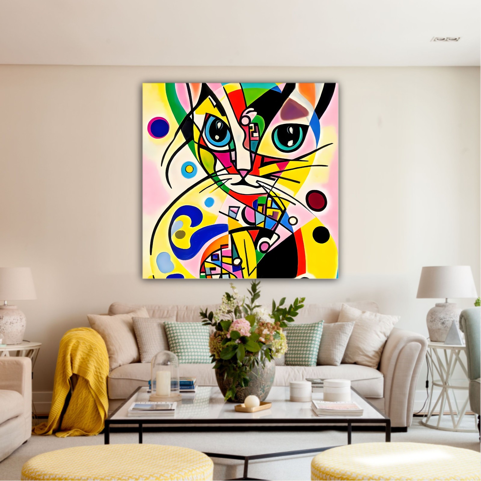 A bright and colorful abstract portrait composition of a cat designed in the style of Kandinsky and the Bauhaus art movement.