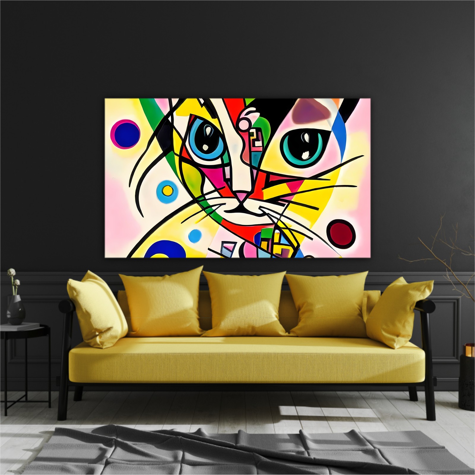 A bright and colorful abstract portrait composition of a cat designed in the style of Kandinsky and the Bauhaus art movement.