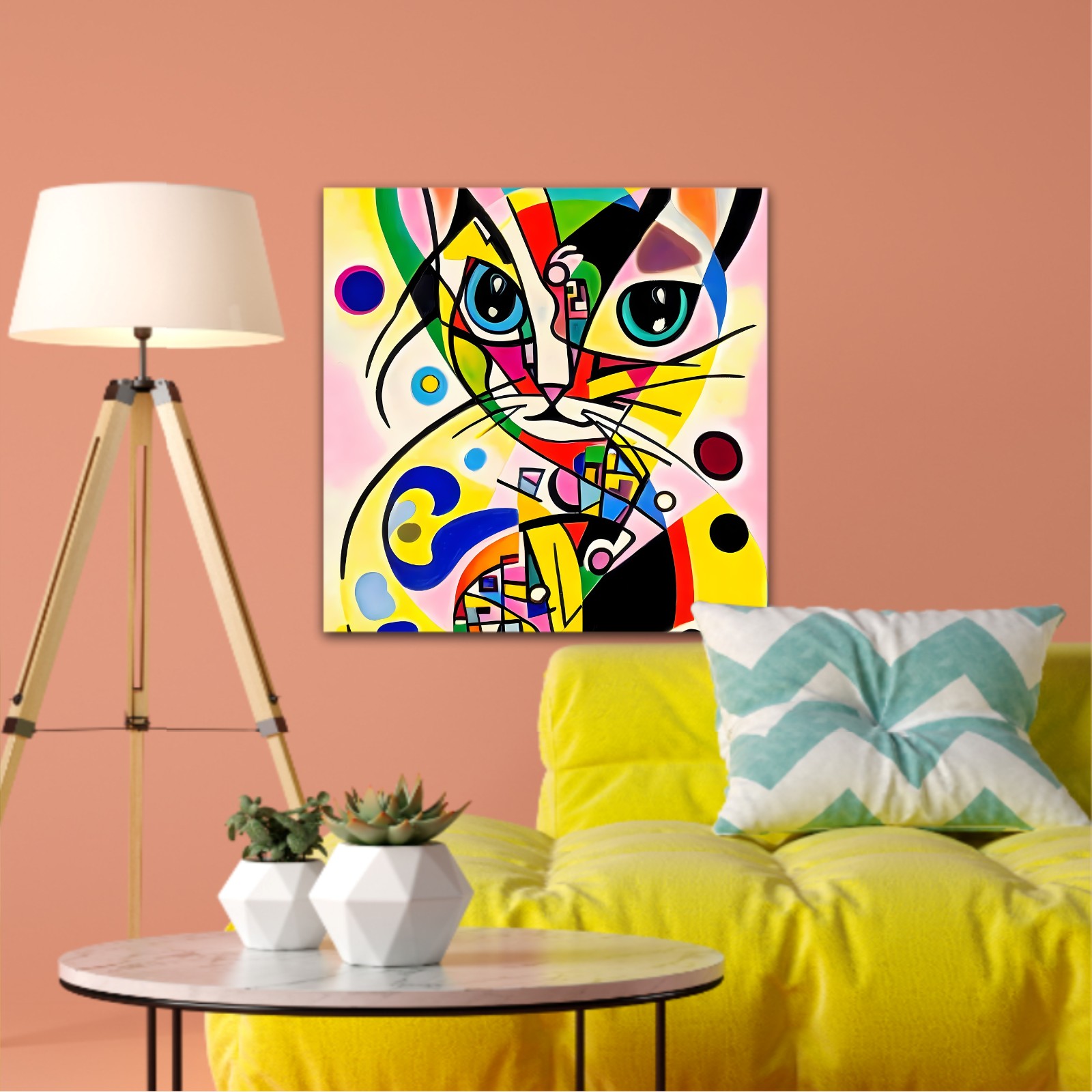 A bright and colorful abstract portrait composition of a cat designed in the style of Kandinsky and the Bauhaus art movement.