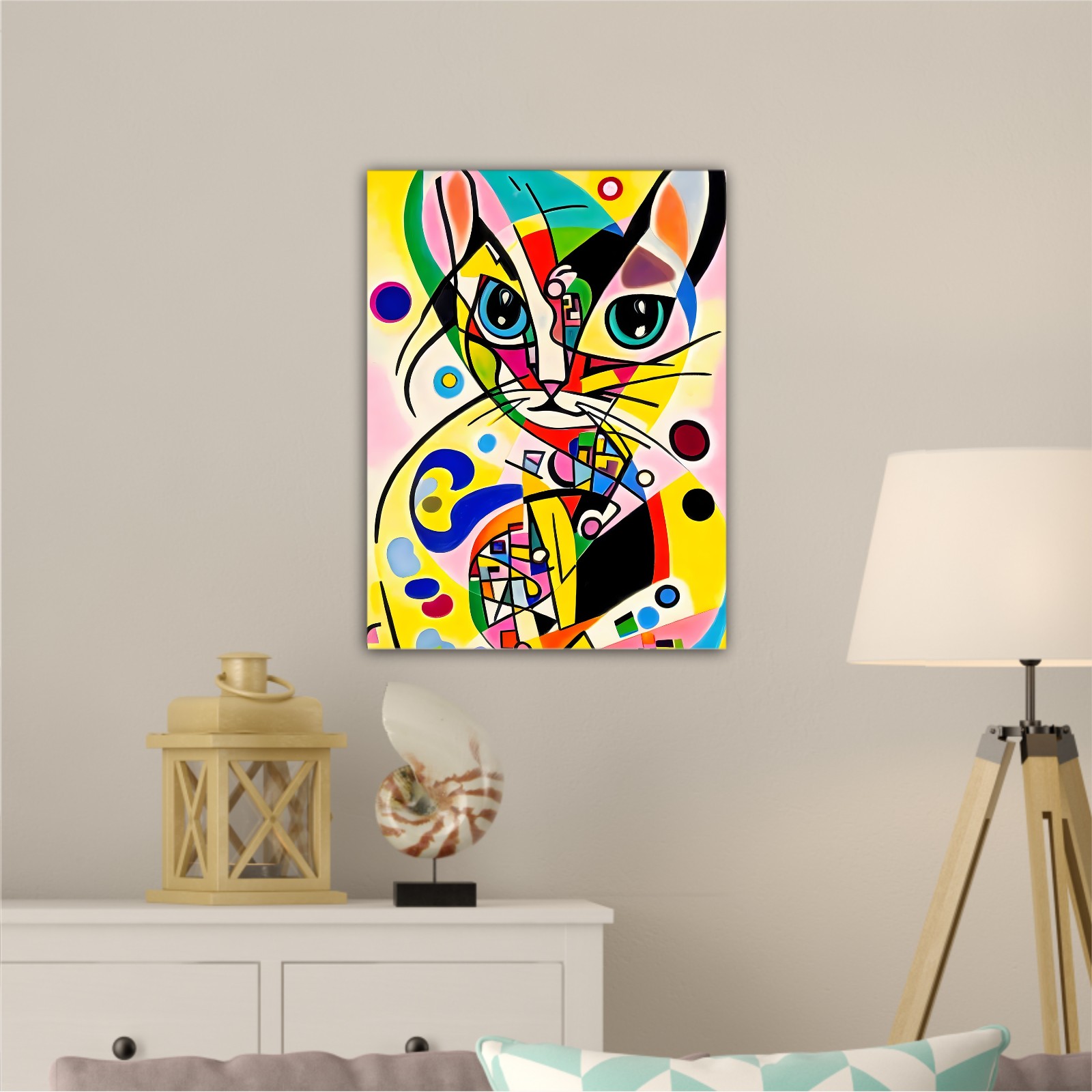 A bright and colorful abstract portrait composition of a cat designed in the style of Kandinsky and the Bauhaus art movement.