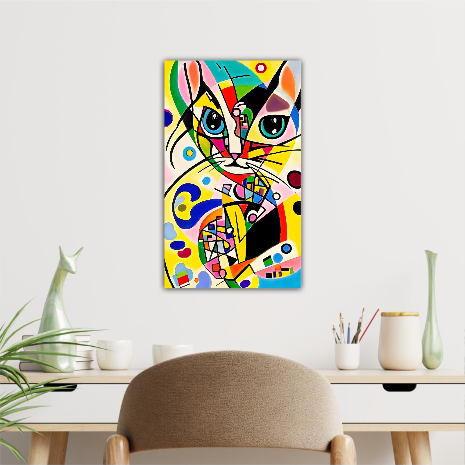 A bright and colorful abstract portrait composition of a cat designed in the style of Kandinsky and the Bauhaus art movement.