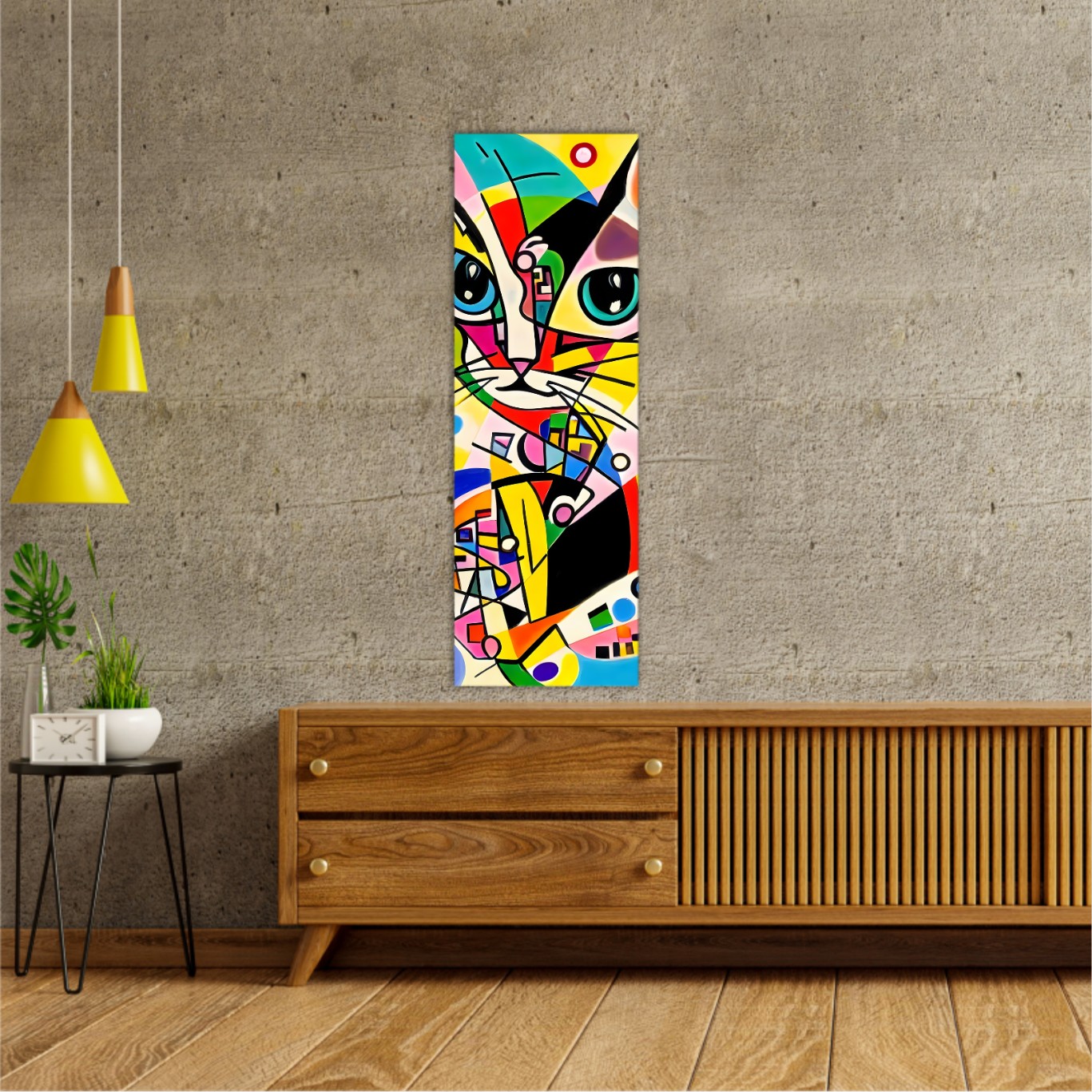 A bright and colorful abstract portrait composition of a cat designed in the style of Kandinsky and the Bauhaus art movement.