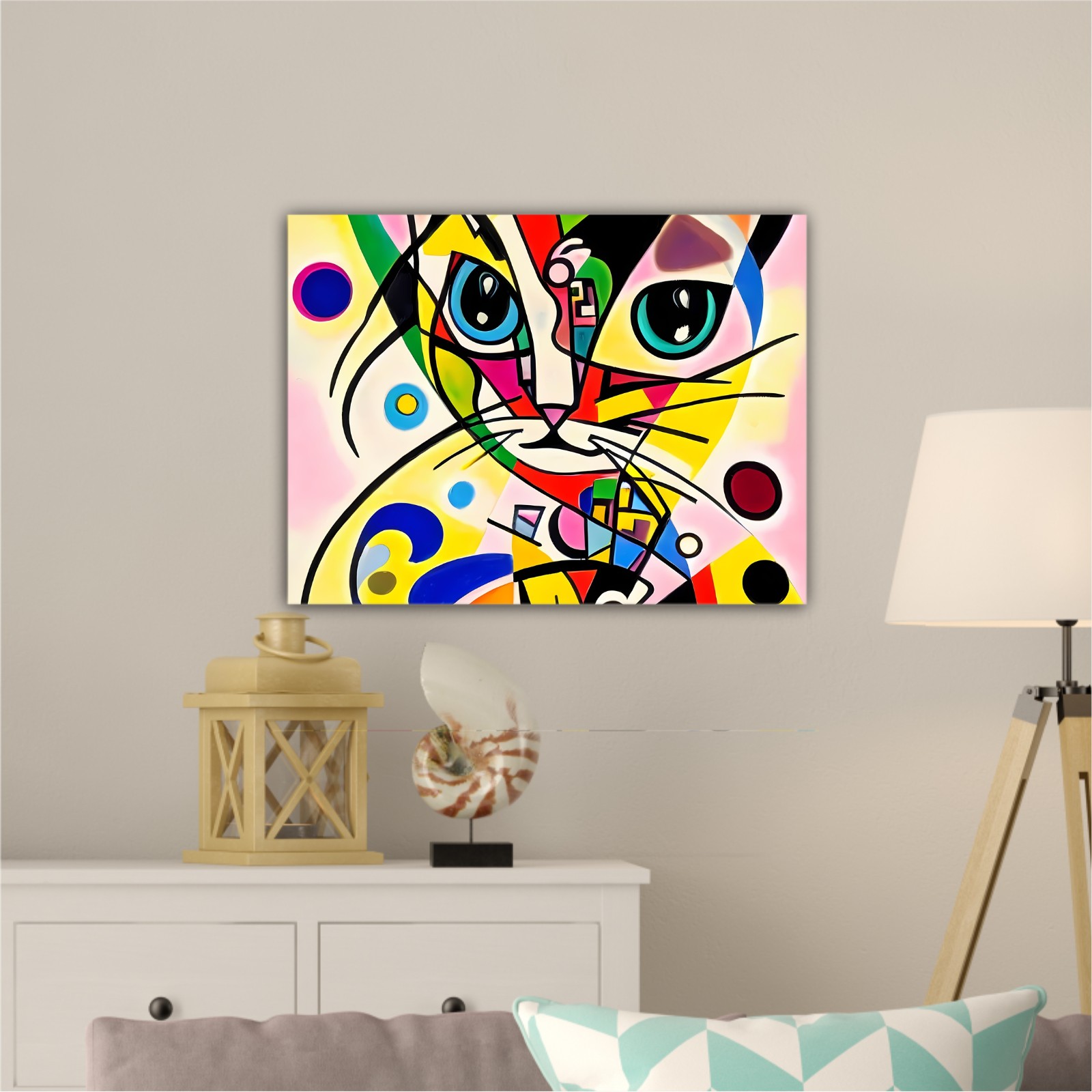 A bright and colorful abstract portrait composition of a cat designed in the style of Kandinsky and the Bauhaus art movement.