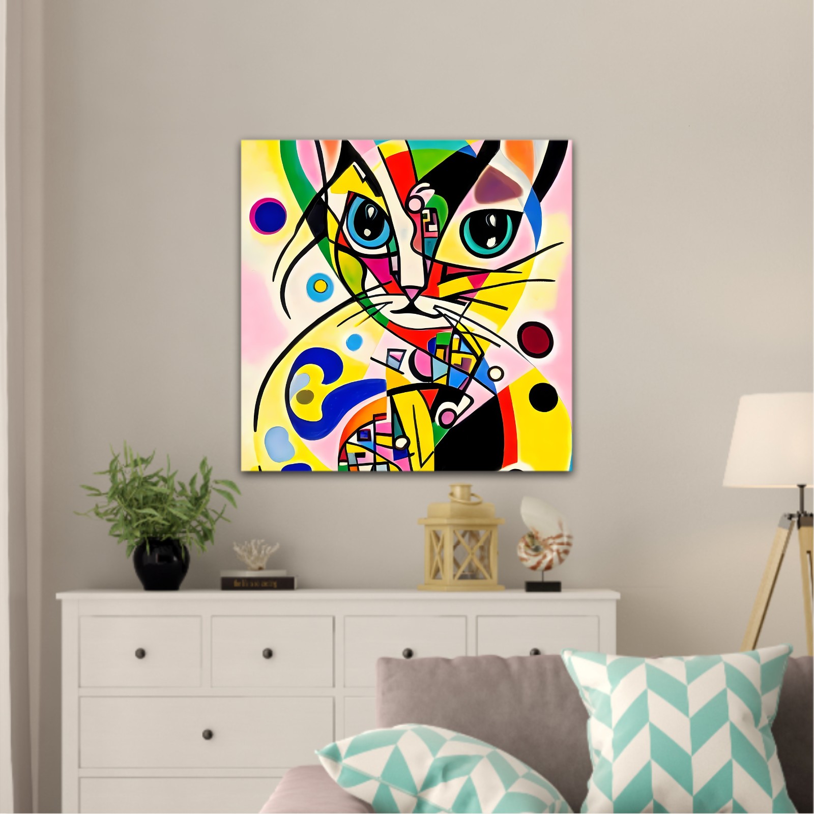 A bright and colorful abstract portrait composition of a cat designed in the style of Kandinsky and the Bauhaus art movement.