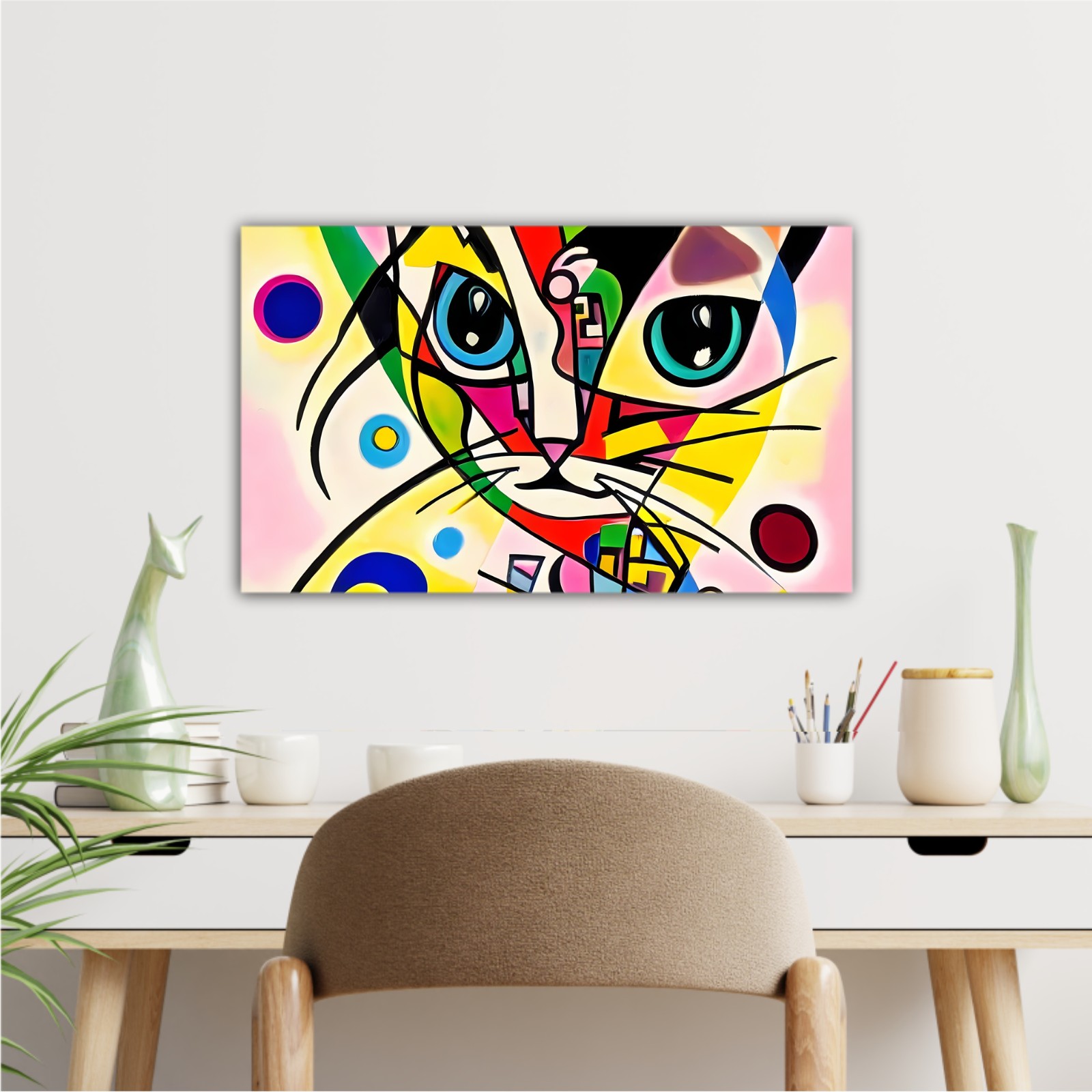 A bright and colorful abstract portrait composition of a cat designed in the style of Kandinsky and the Bauhaus art movement.