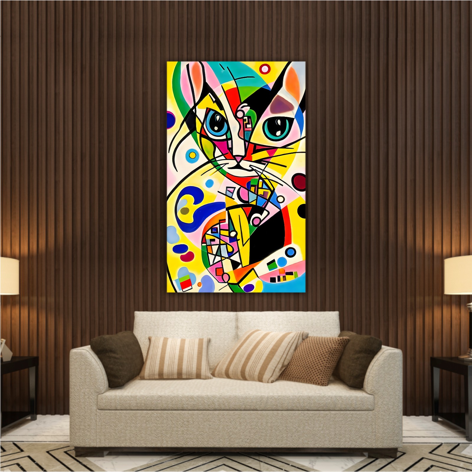 A bright and colorful abstract portrait composition of a cat designed in the style of Kandinsky and the Bauhaus art movement.