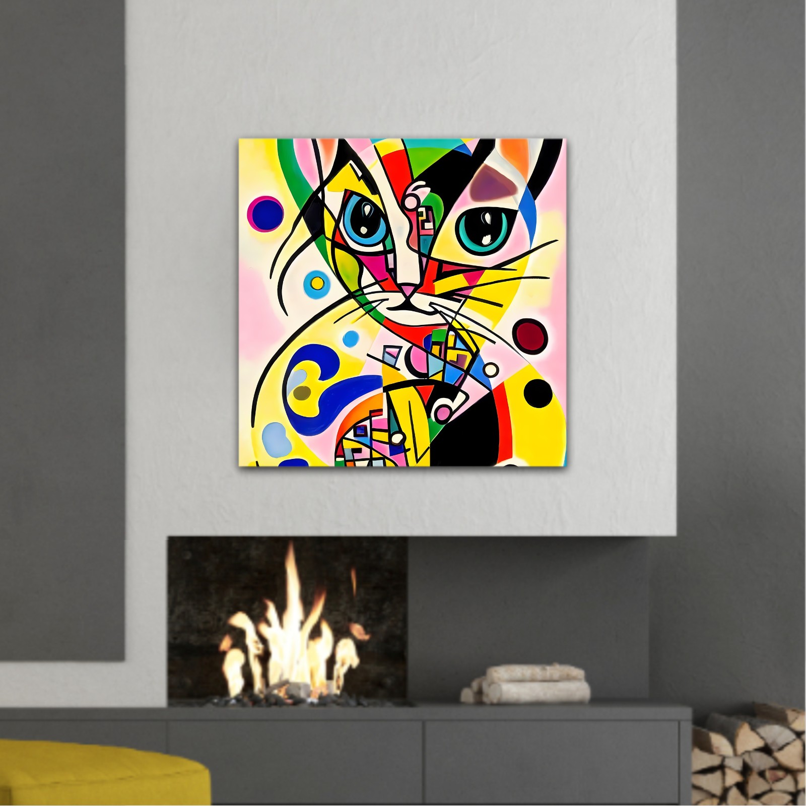 A bright and colorful abstract portrait composition of a cat designed in the style of Kandinsky and the Bauhaus art movement.